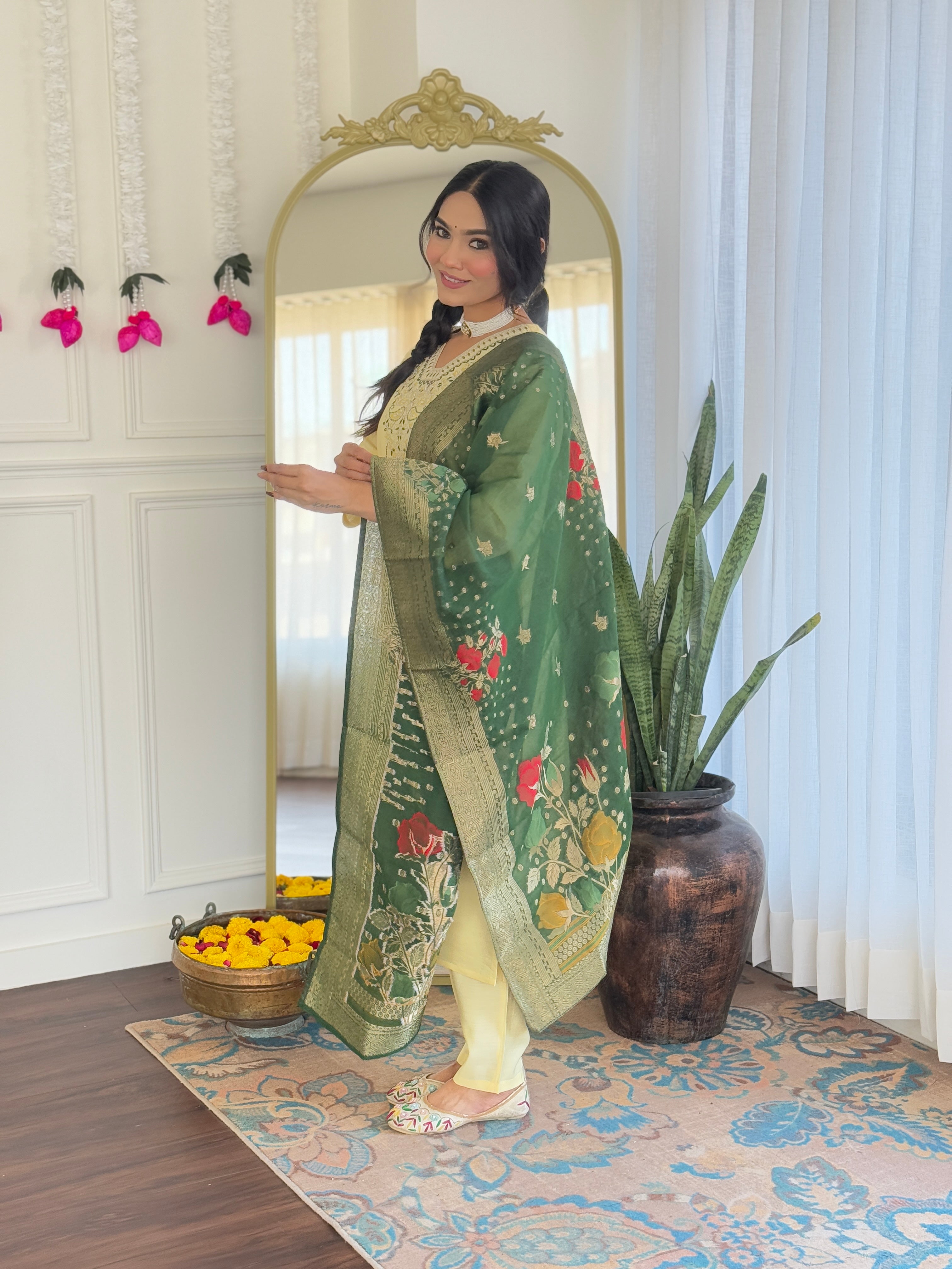 Elegant Lemon Yellow Viscose Chanderi Embroidered Kurti Set with Jacquard Dupatta | Festive & Ethnic Wear (S–XXL)