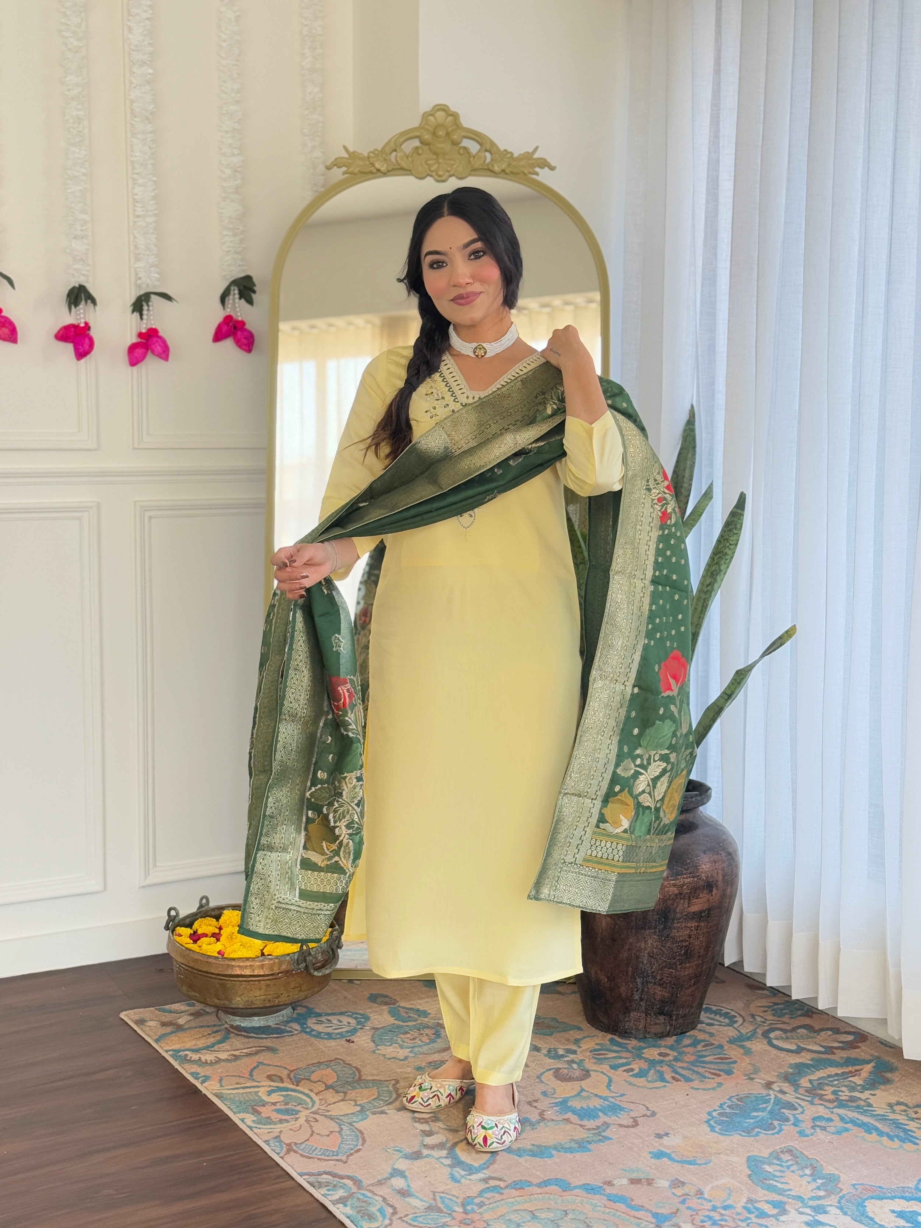 Elegant Lemon Yellow Viscose Chanderi Embroidered Kurti Set with Jacquard Dupatta | Festive & Ethnic Wear (S–XXL)