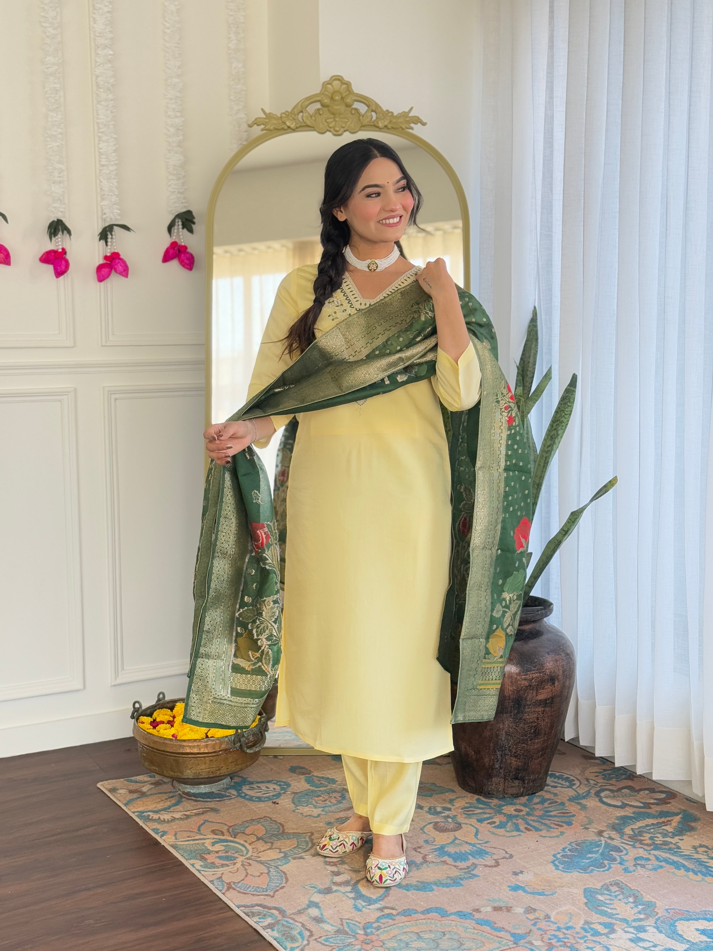 Elegant Lemon Yellow Viscose Chanderi Embroidered Kurti Set with Jacquard Dupatta | Festive & Ethnic Wear (S–XXL)