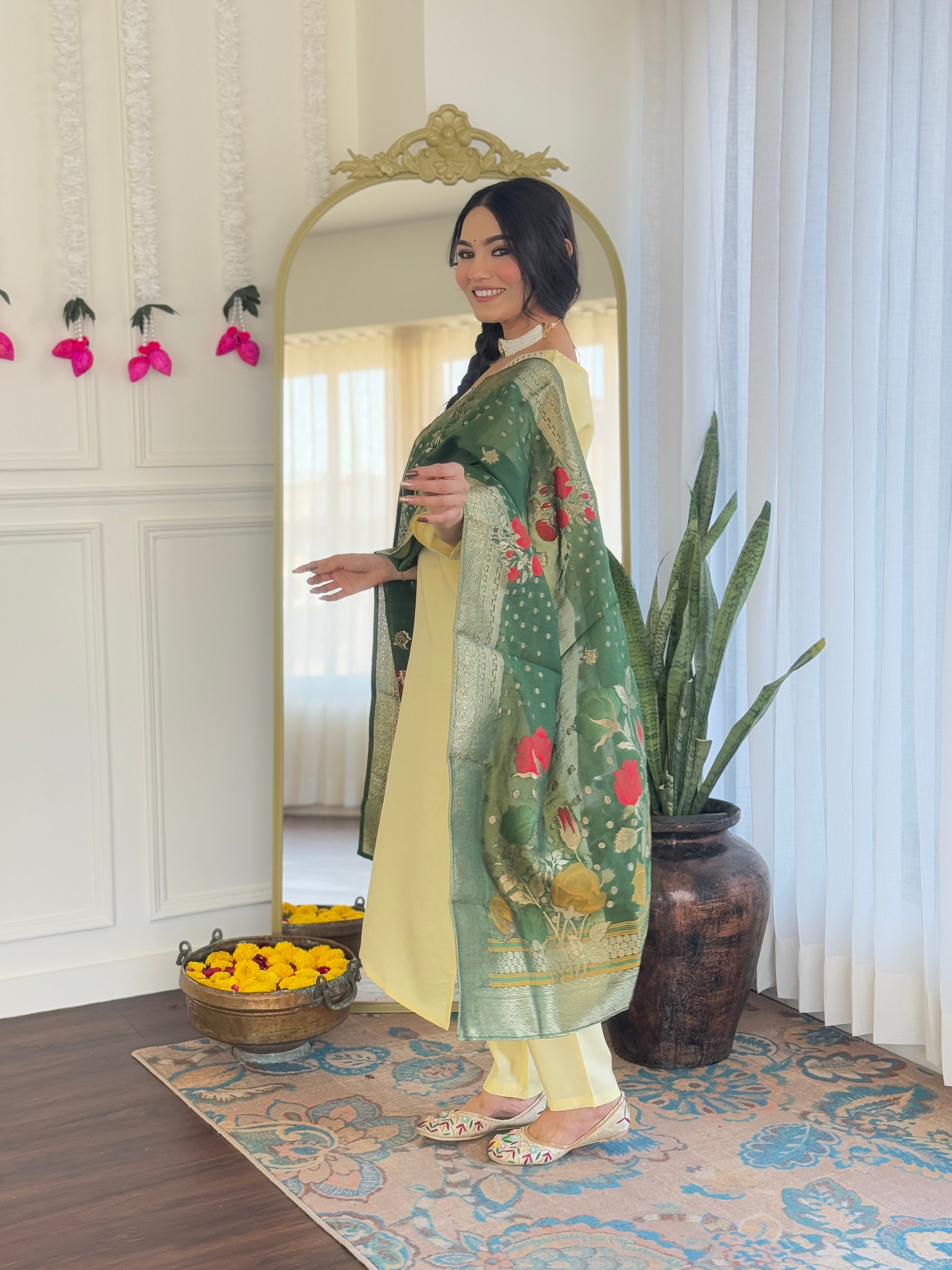 Elegant Lemon Yellow Viscose Chanderi Embroidered Kurti Set with Jacquard Dupatta | Festive & Ethnic Wear (S–XXL)