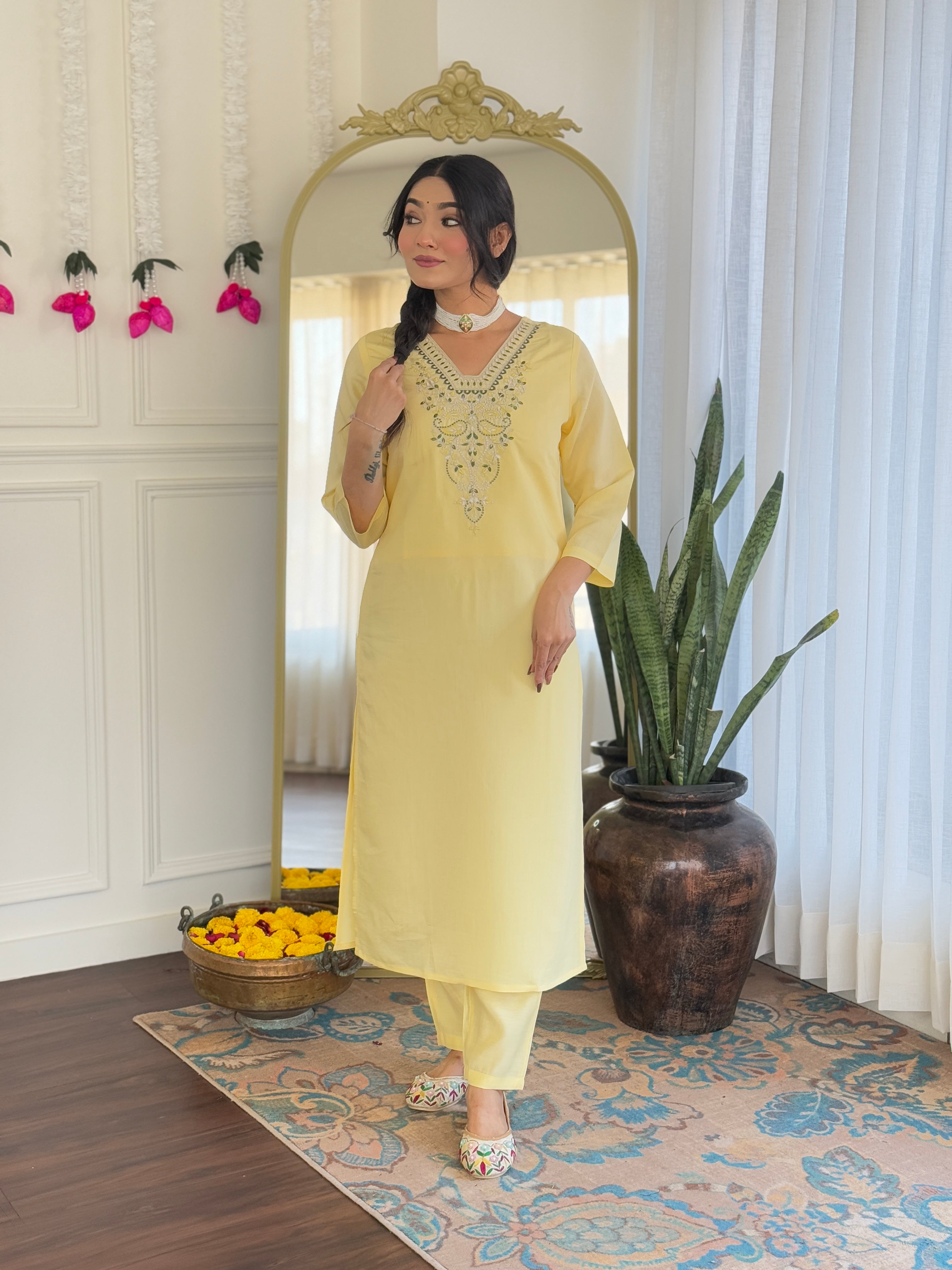 Elegant Lemon Yellow Viscose Chanderi Embroidered Kurti Set with Jacquard Dupatta | Festive & Ethnic Wear (S–XXL)