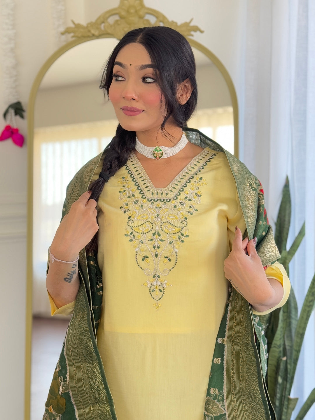 Elegant Lemon Yellow Viscose Chanderi Embroidered Kurti Set with Jacquard Dupatta | Festive & Ethnic Wear (S–XXL)