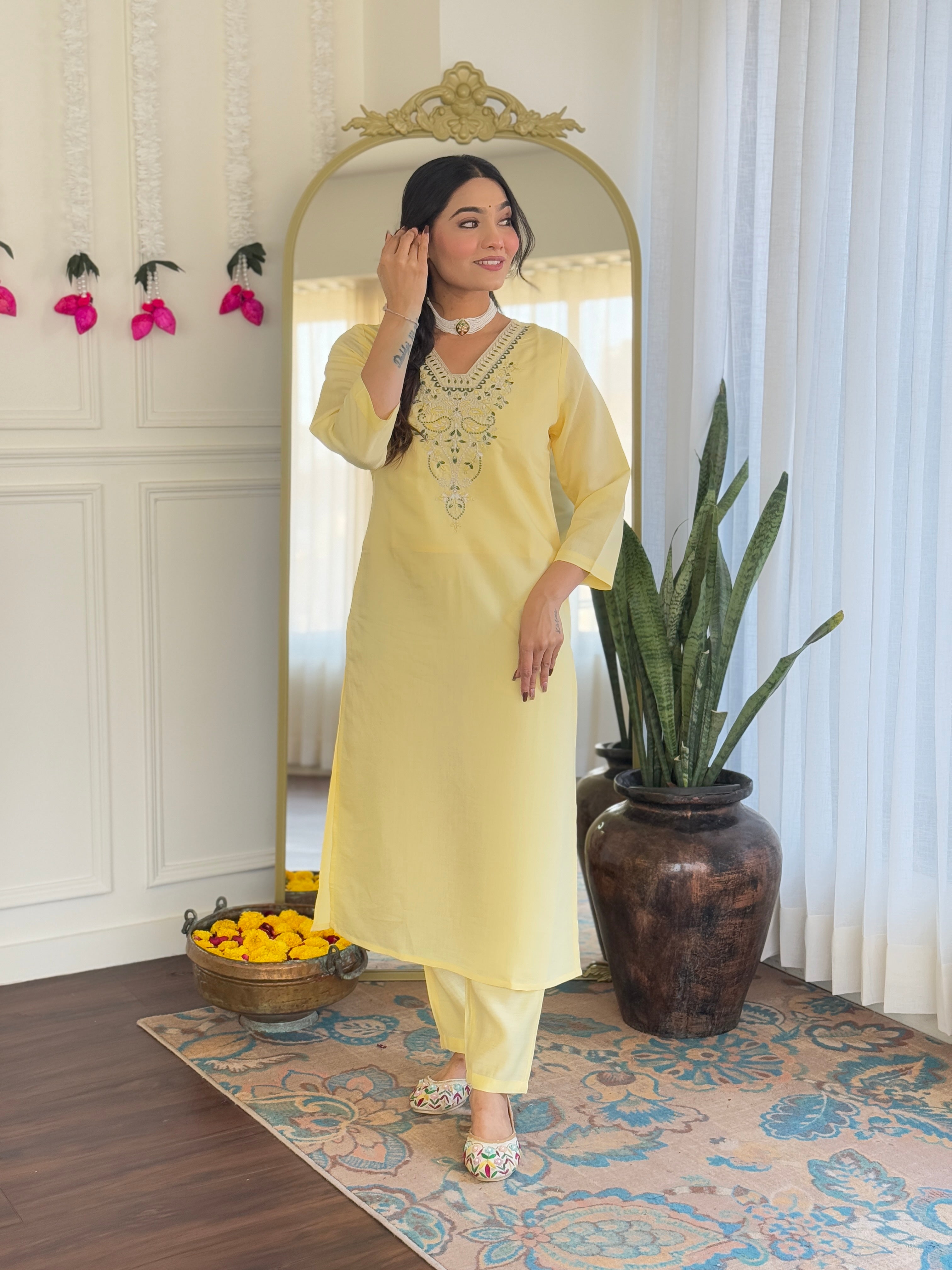 Elegant Lemon Yellow Viscose Chanderi Embroidered Kurti Set with Jacquard Dupatta | Festive & Ethnic Wear (S–XXL)