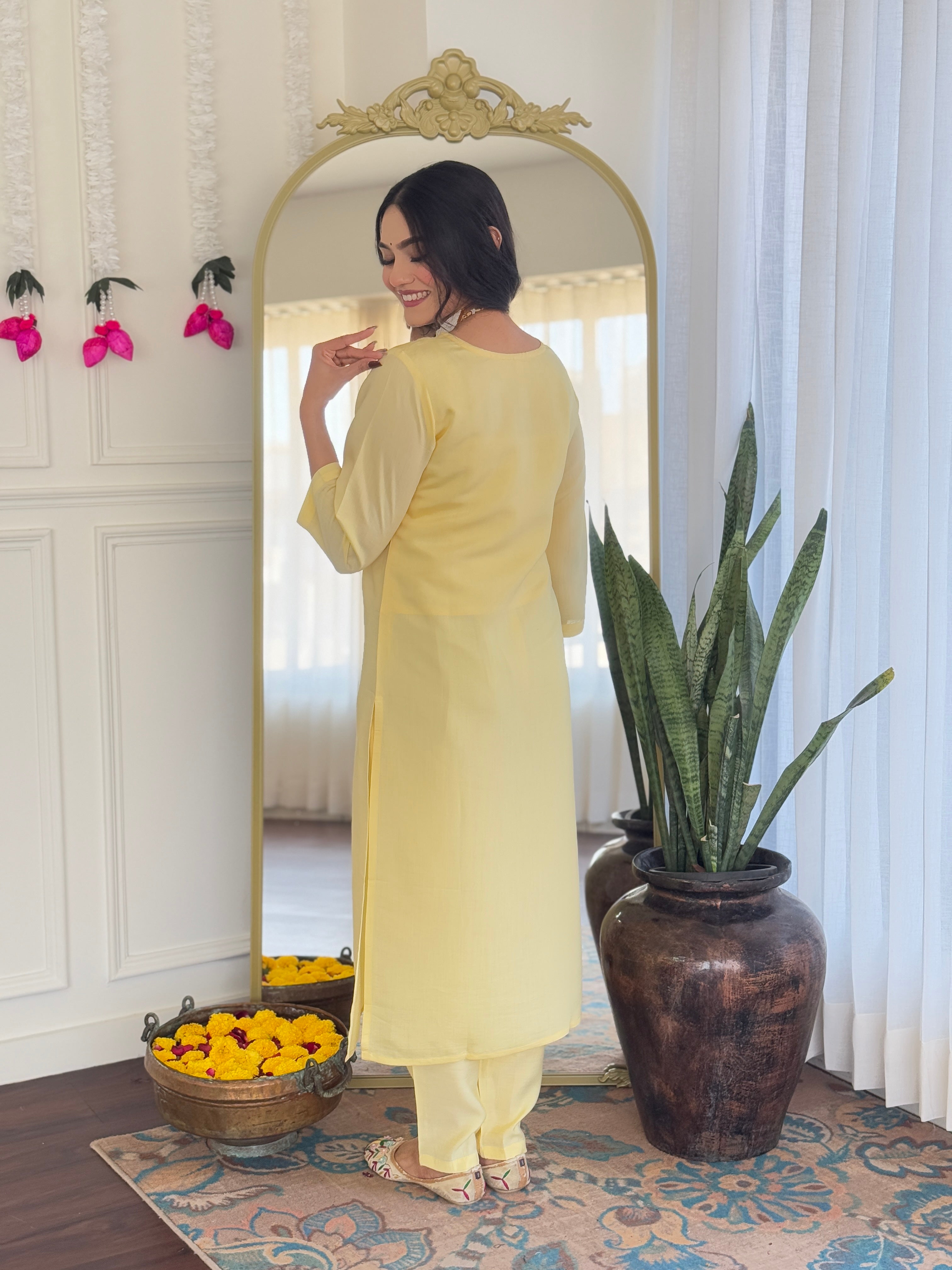 Elegant Lemon Yellow Viscose Chanderi Embroidered Kurti Set with Jacquard Dupatta | Festive & Ethnic Wear (S–XXL)