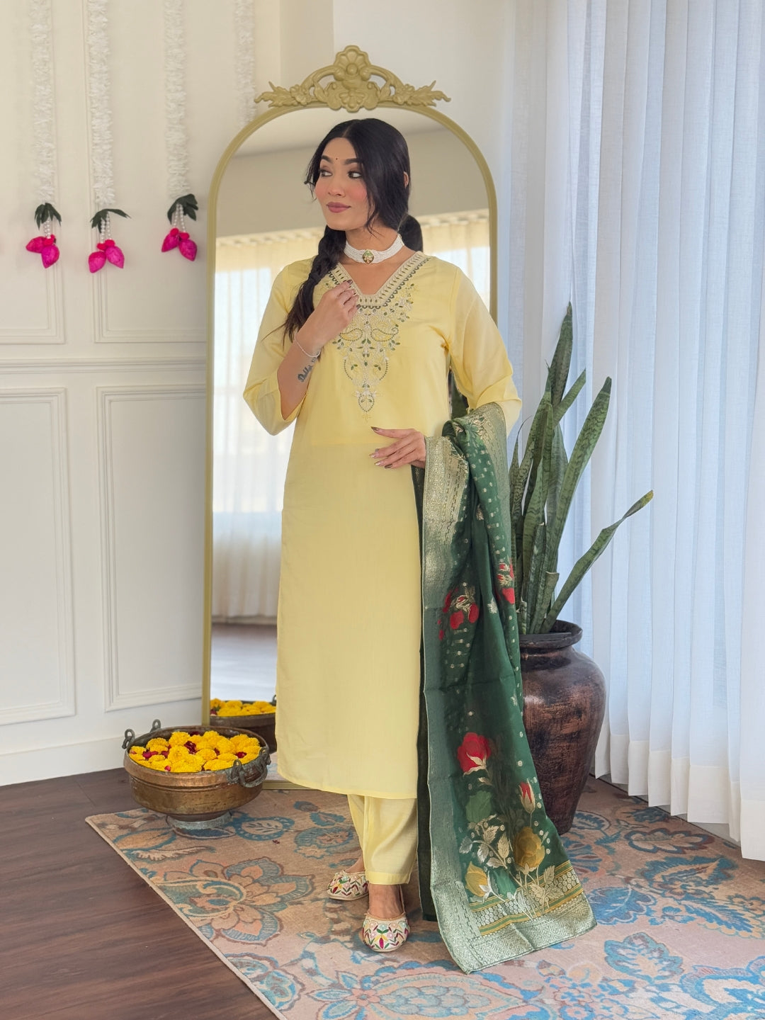 Elegant Lemon Yellow Viscose Chanderi Embroidered Kurti Set with Jacquard Dupatta | Festive & Ethnic Wear (S–XXL)