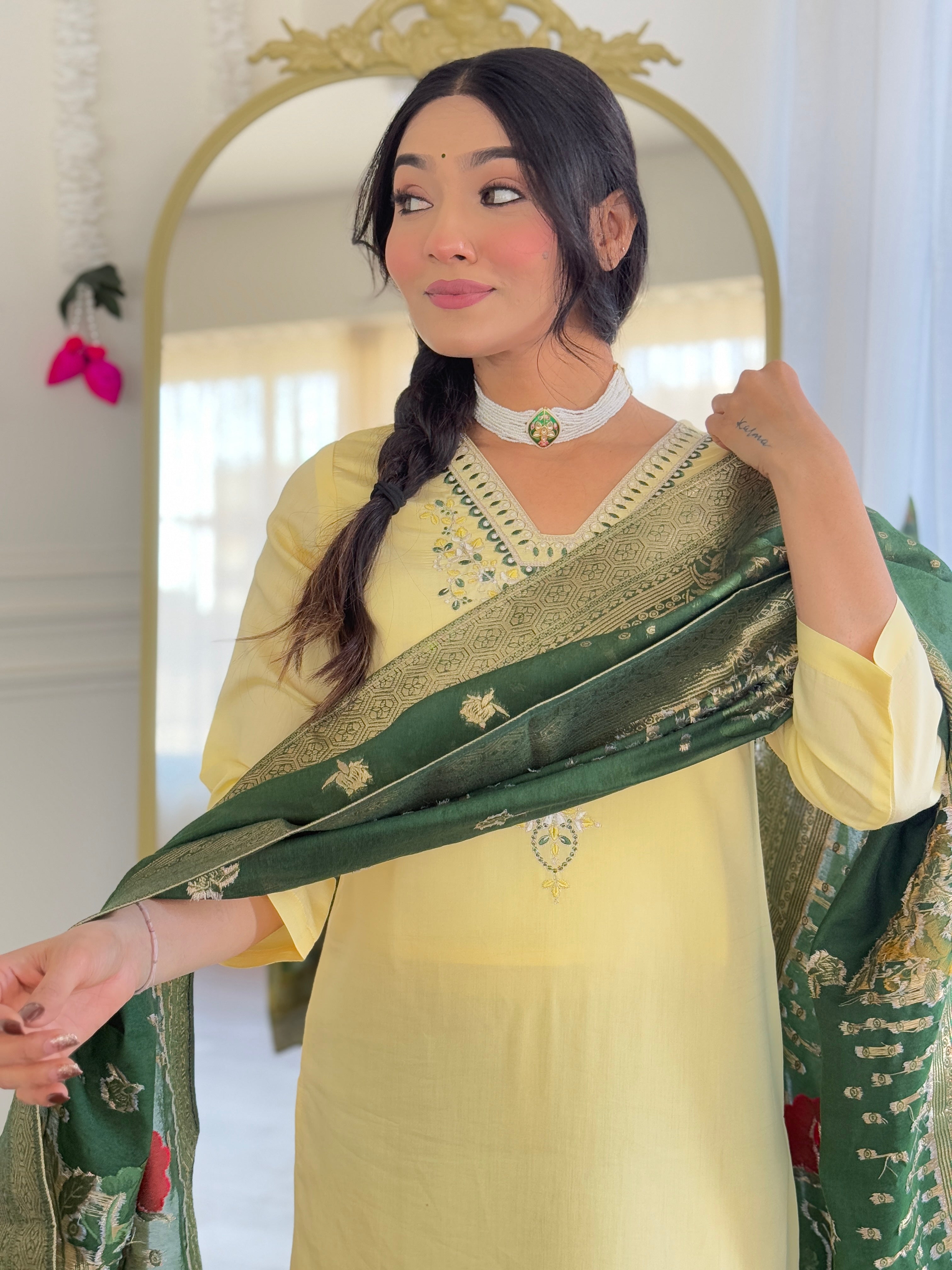 Elegant Lemon Yellow Viscose Chanderi Embroidered Kurti Set with Jacquard Dupatta | Festive & Ethnic Wear (S–XXL)
