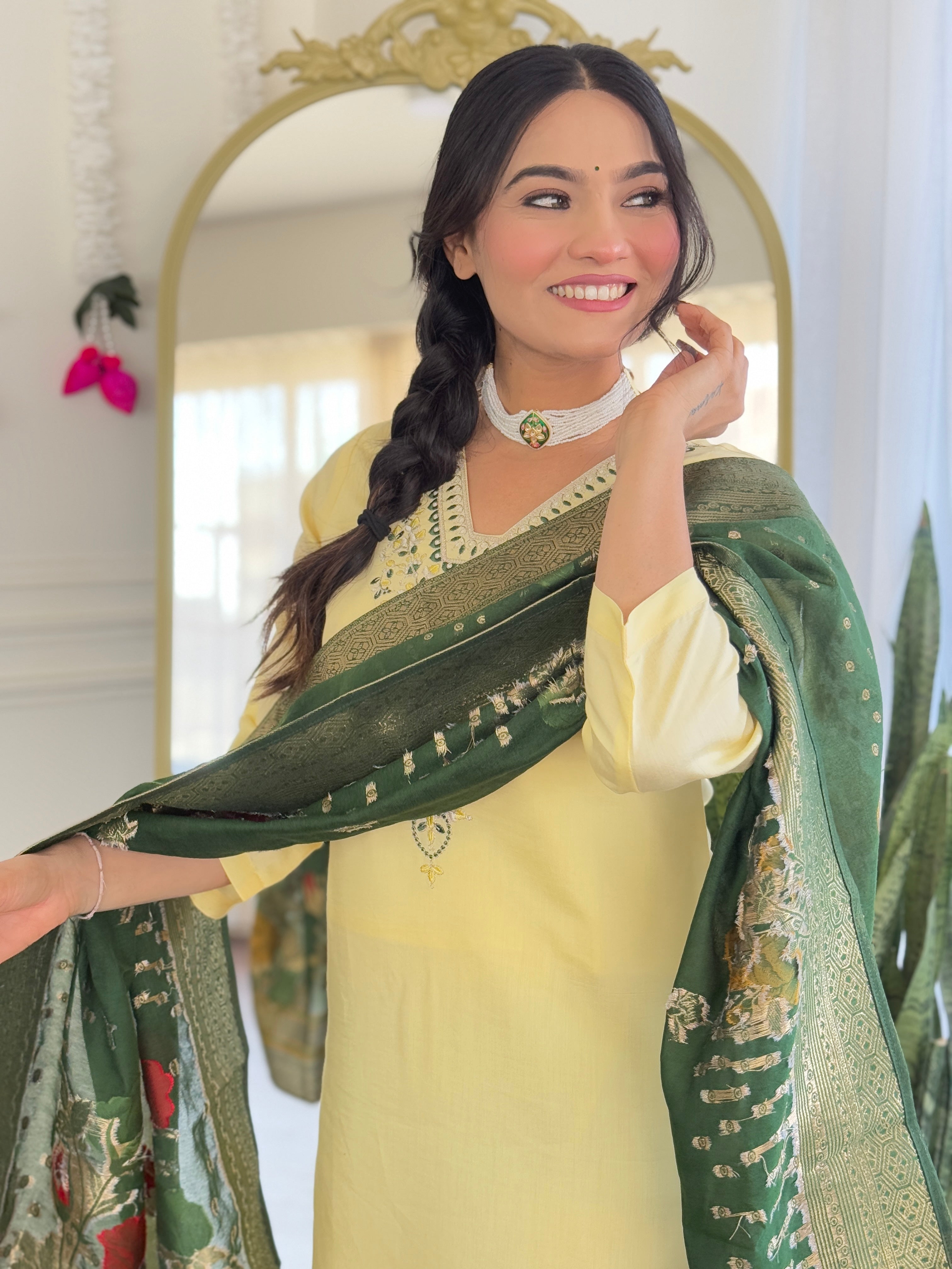 Elegant Lemon Yellow Viscose Chanderi Embroidered Kurti Set with Jacquard Dupatta | Festive & Ethnic Wear (S–XXL)