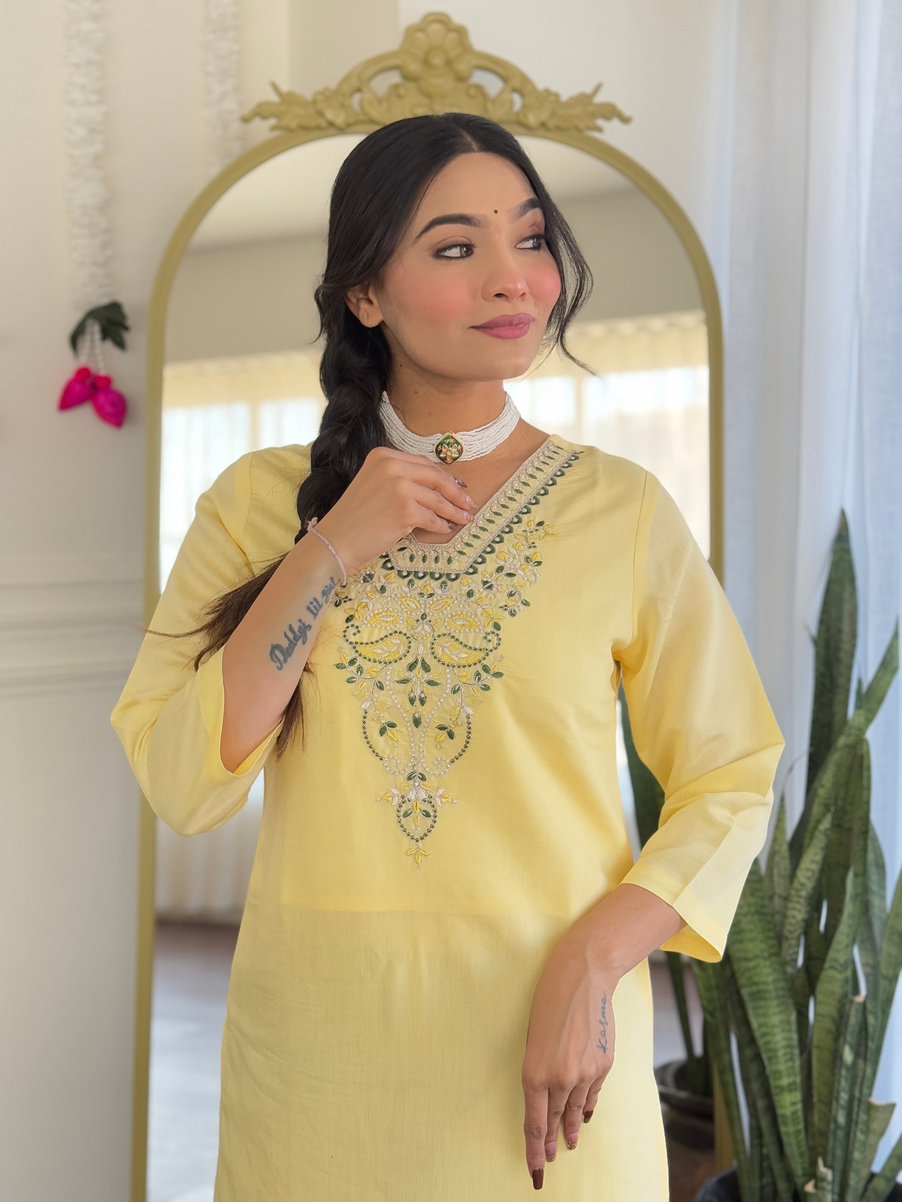 Elegant Lemon Yellow Viscose Chanderi Embroidered Kurti Set with Jacquard Dupatta | Festive & Ethnic Wear (S–XXL)