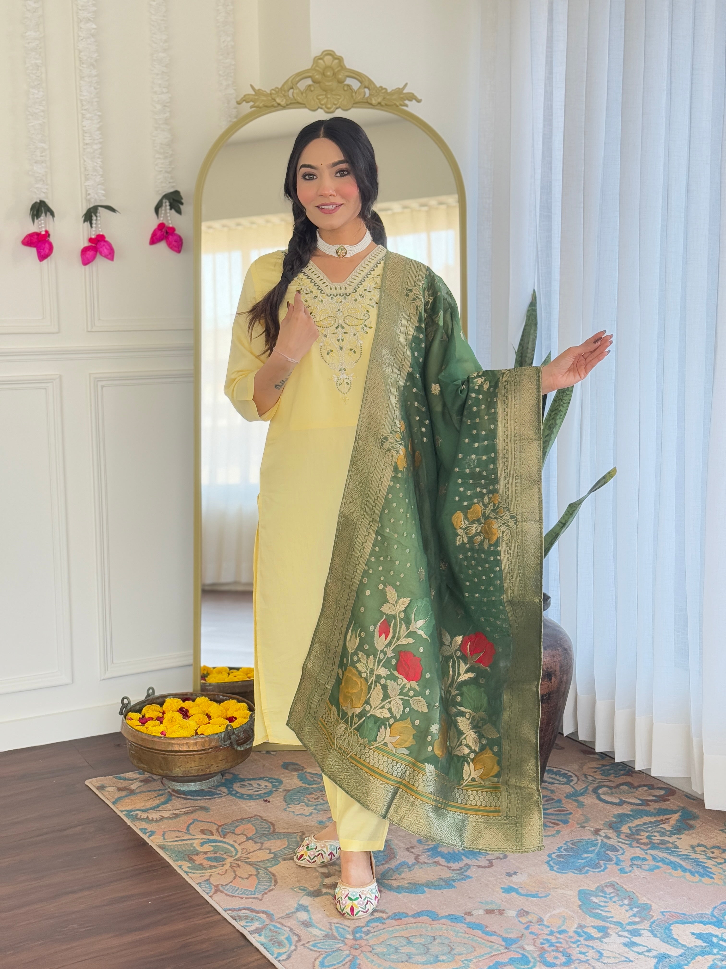 Elegant Lemon Yellow Viscose Chanderi Embroidered Kurti Set with Jacquard Dupatta | Festive & Ethnic Wear (S–XXL)