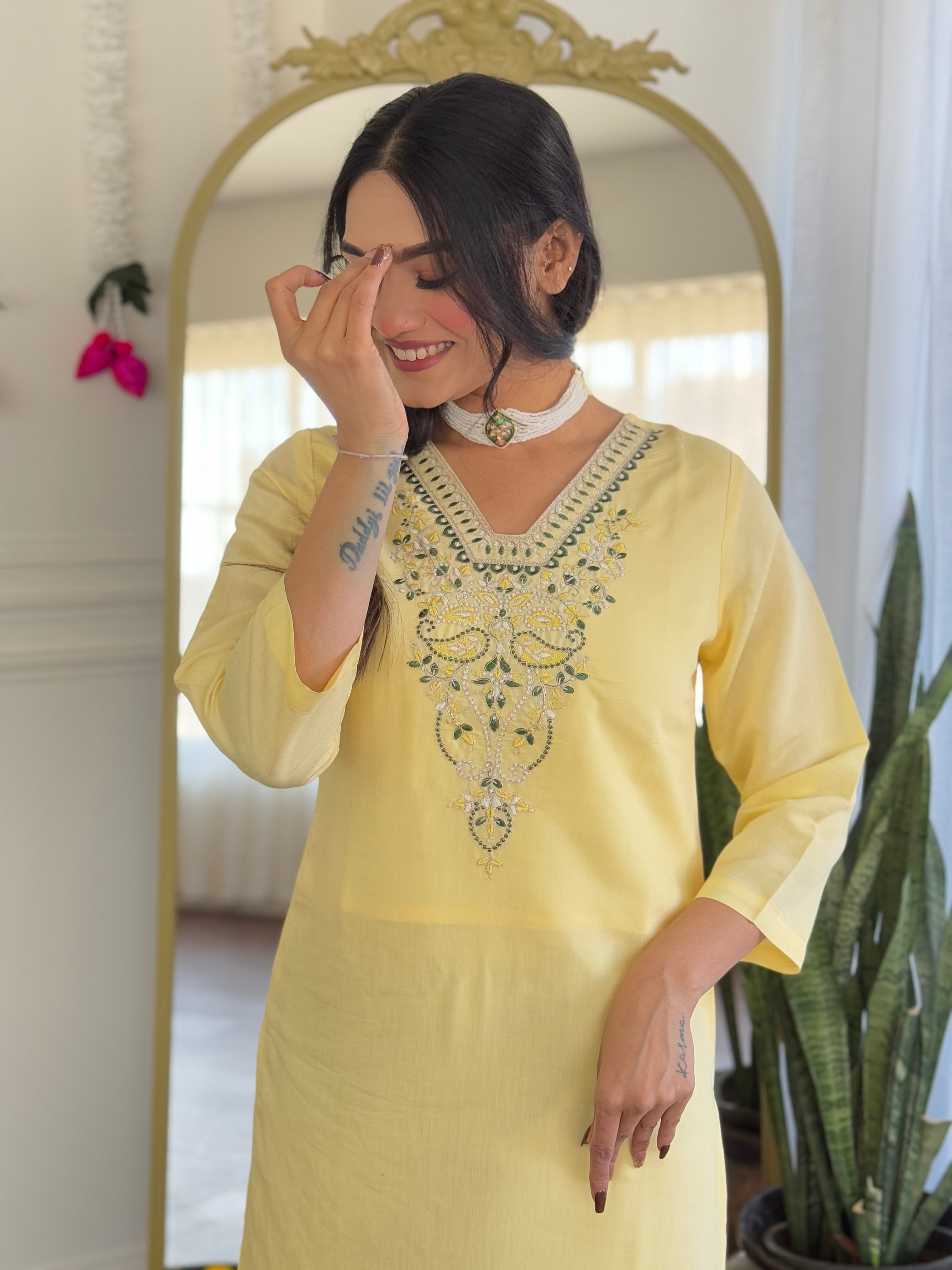 Elegant Lemon Yellow Viscose Chanderi Embroidered Kurti Set with Jacquard Dupatta | Festive & Ethnic Wear (S–XXL)
