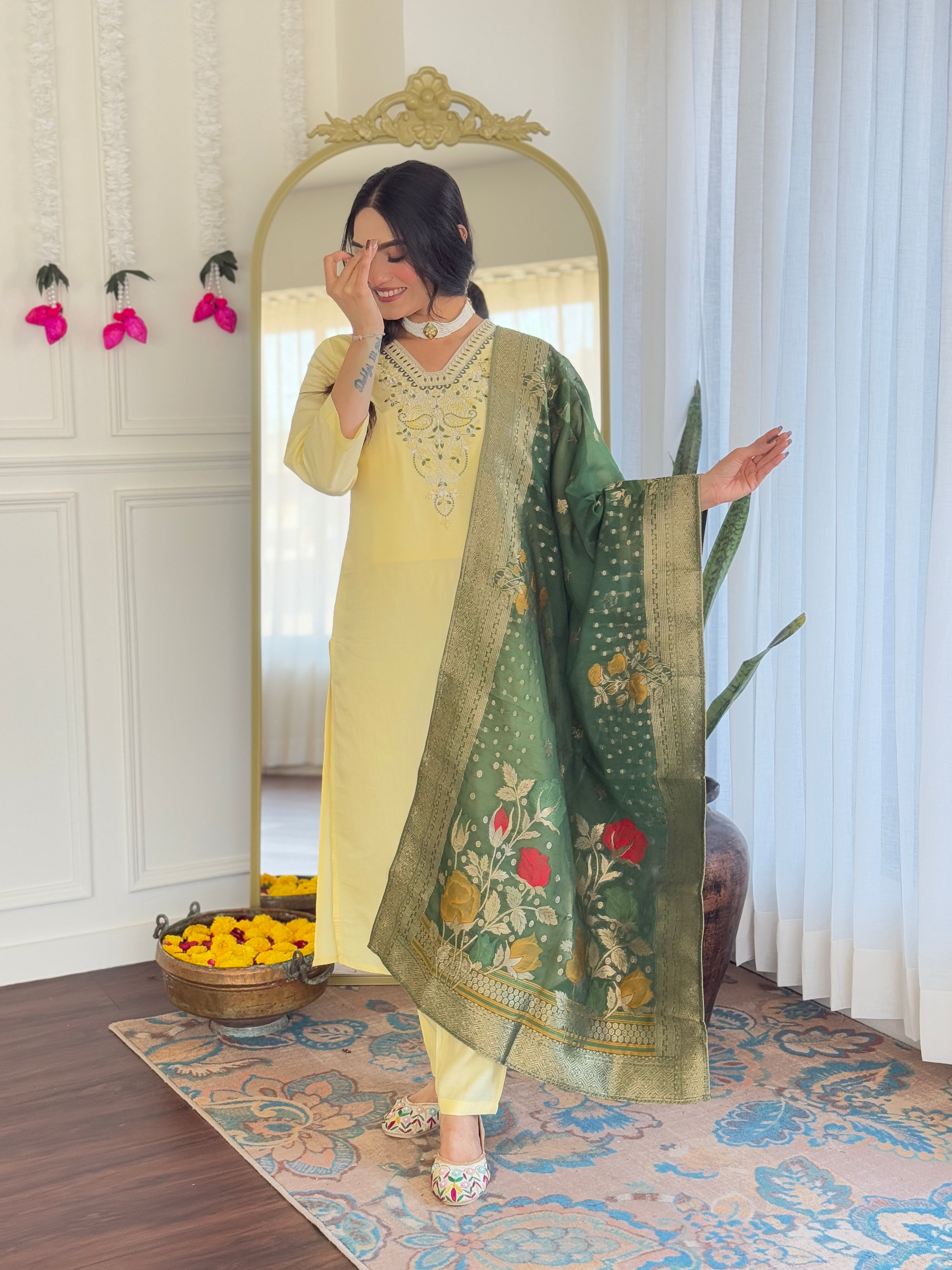 Elegant Lemon Yellow Viscose Chanderi Embroidered Kurti Set with Jacquard Dupatta | Festive & Ethnic Wear (S–XXL)