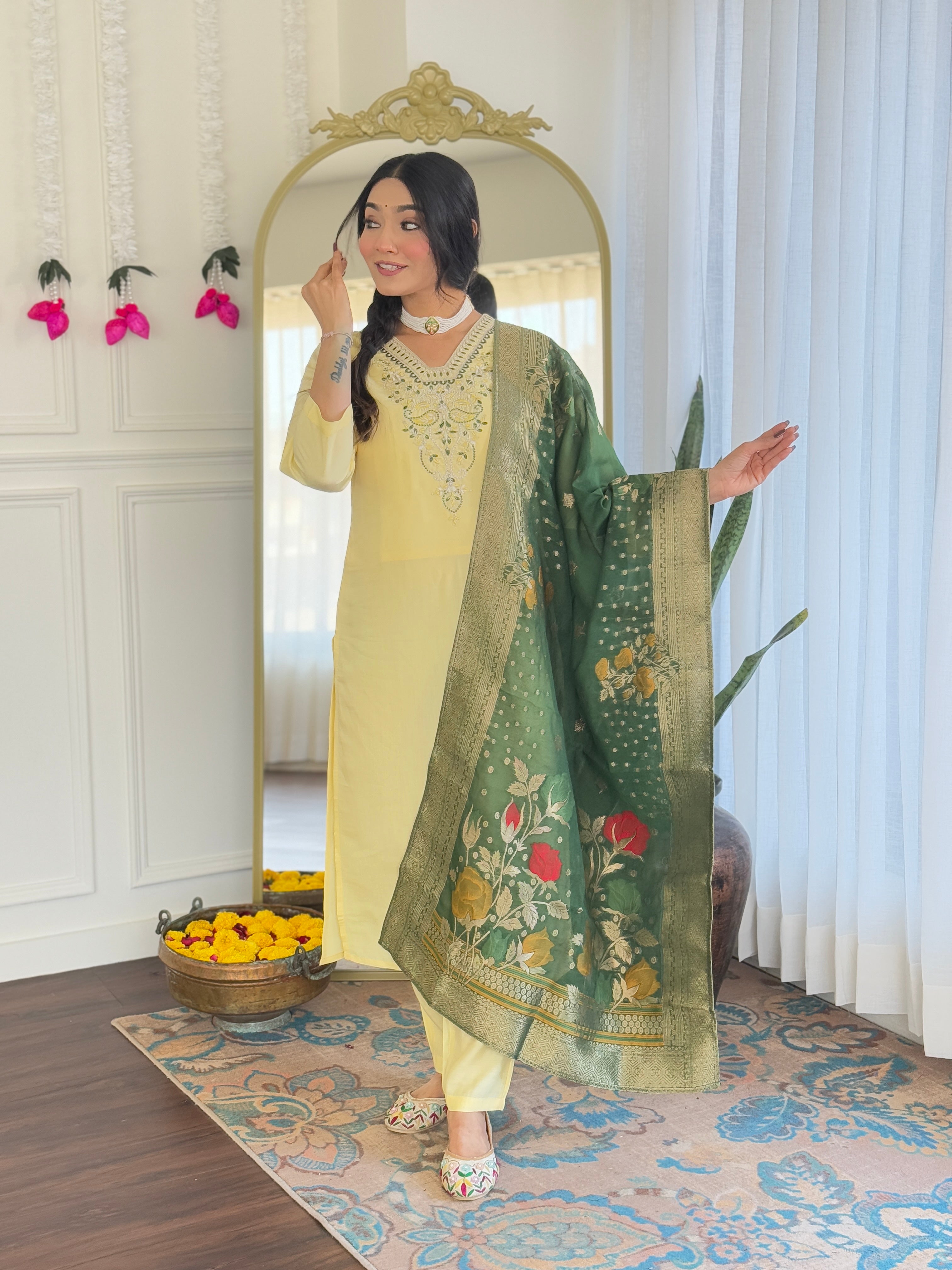 Elegant Lemon Yellow Viscose Chanderi Embroidered Kurti Set with Jacquard Dupatta | Festive & Ethnic Wear (S–XXL)