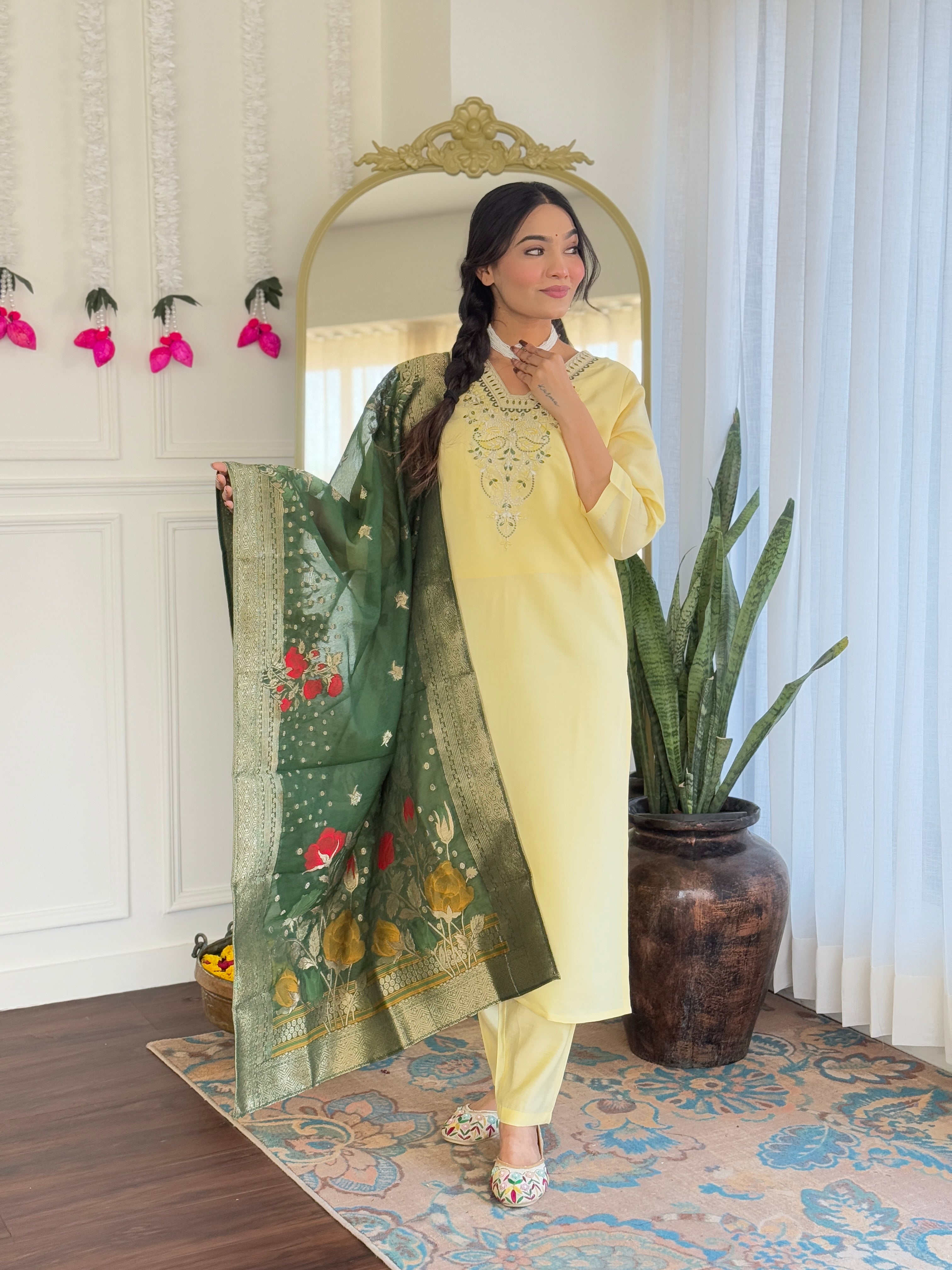 Elegant Lemon Yellow Viscose Chanderi Embroidered Kurti Set with Jacquard Dupatta | Festive & Ethnic Wear (S–XXL)