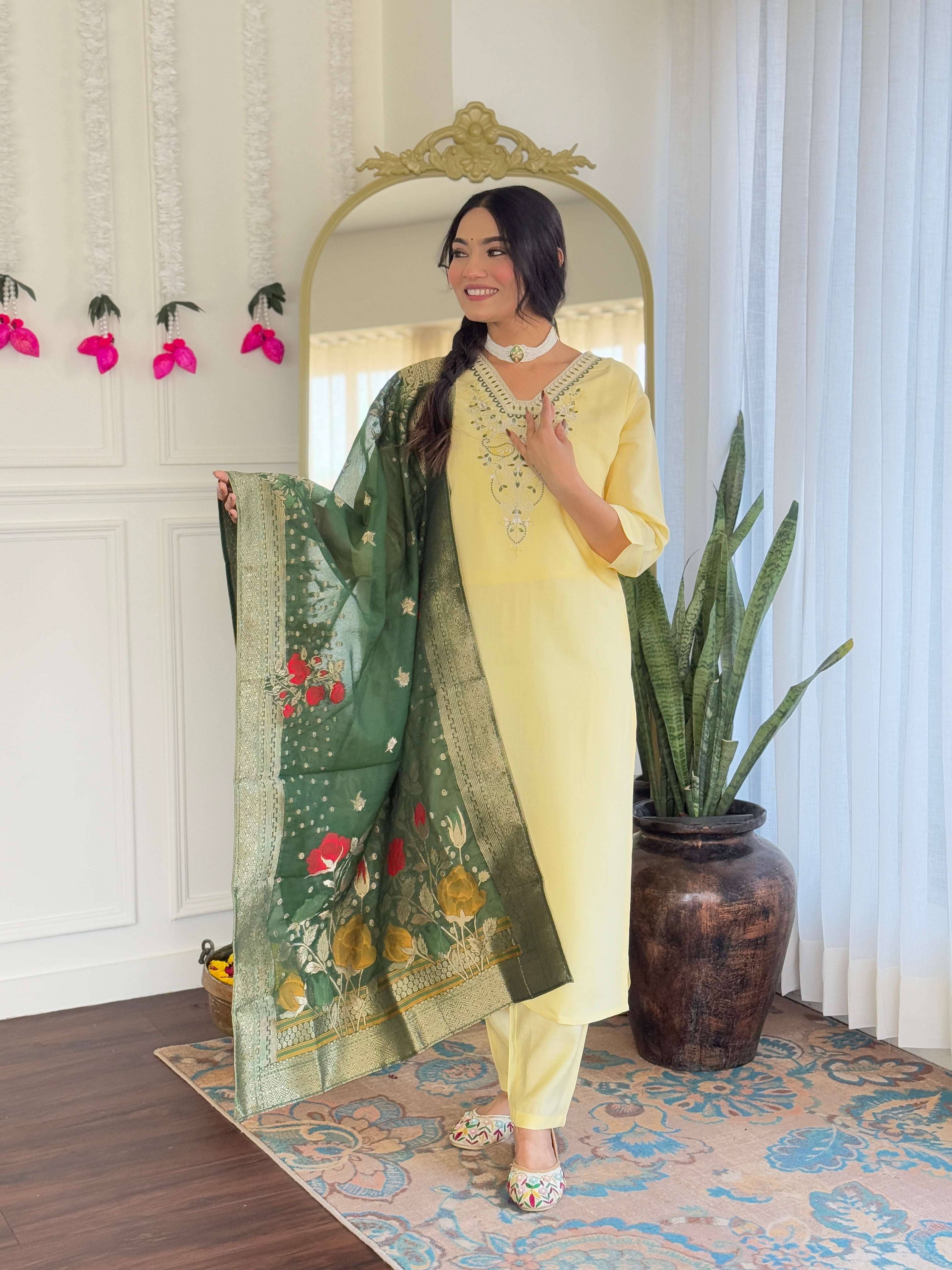 Elegant Lemon Yellow Viscose Chanderi Embroidered Kurti Set with Jacquard Dupatta | Festive & Ethnic Wear (S–XXL)