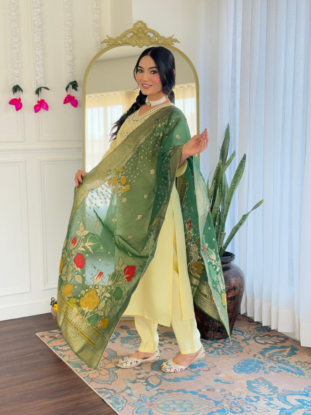 Elegant Lemon Yellow Viscose Chanderi Embroidered Kurti Set with Jacquard Dupatta | Festive & Ethnic Wear (S–XXL)