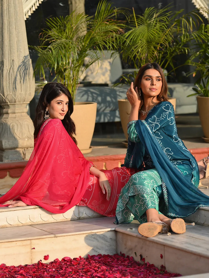 Elegant Chinon Silk Embroidered Kurti Set with Nazmin Dupatta – Teal Green Festive Wear (3-Piece Set)