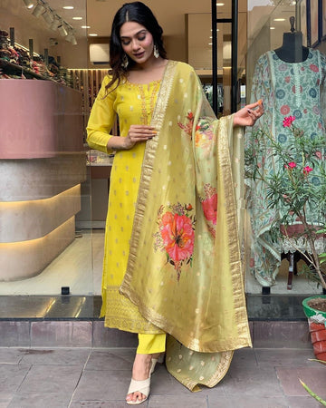 Elegant Yellow Viscose Organza Jacquard Embroidered Kurti Set with Designer Dupatta (3-Piece Set)