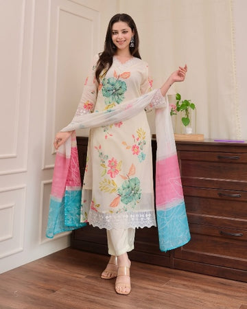 Elegant Floral Print Nylon Taby Kurti Set with Dupatta | Embroidered Designer Suit (S–XXL)