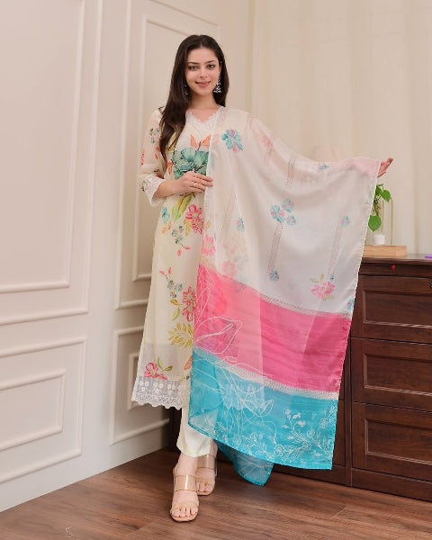 Elegant Floral Print Nylon Taby Kurti Set with Dupatta | Embroidered Designer Suit (S–XXL)
