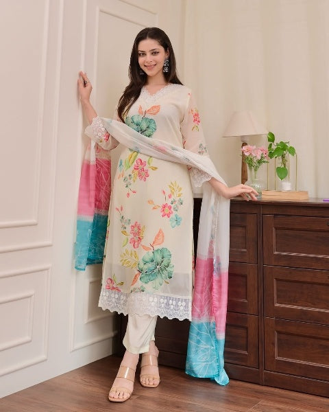 Elegant Floral Print Nylon Taby Kurti Set with Dupatta | Embroidered Designer Suit (S–XXL)