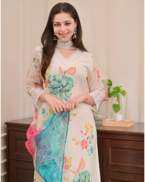 Elegant Floral Print Nylon Taby Kurti Set with Dupatta | Embroidered Designer Suit (S–XXL)