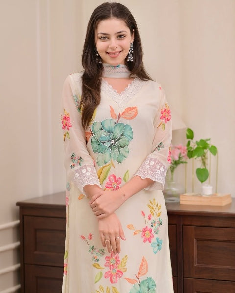 Elegant Floral Print Nylon Taby Kurti Set with Dupatta | Embroidered Designer Suit (S–XXL)