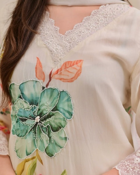 Elegant Floral Print Nylon Taby Kurti Set with Dupatta | Embroidered Designer Suit (S–XXL)