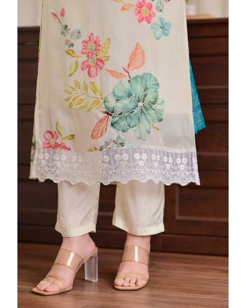 Elegant Floral Print Nylon Taby Kurti Set with Dupatta | Embroidered Designer Suit (S–XXL)