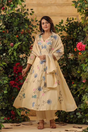 Elegant Cream Floral Embroidered Viscose Chanderi Kurti Set with Dupatta