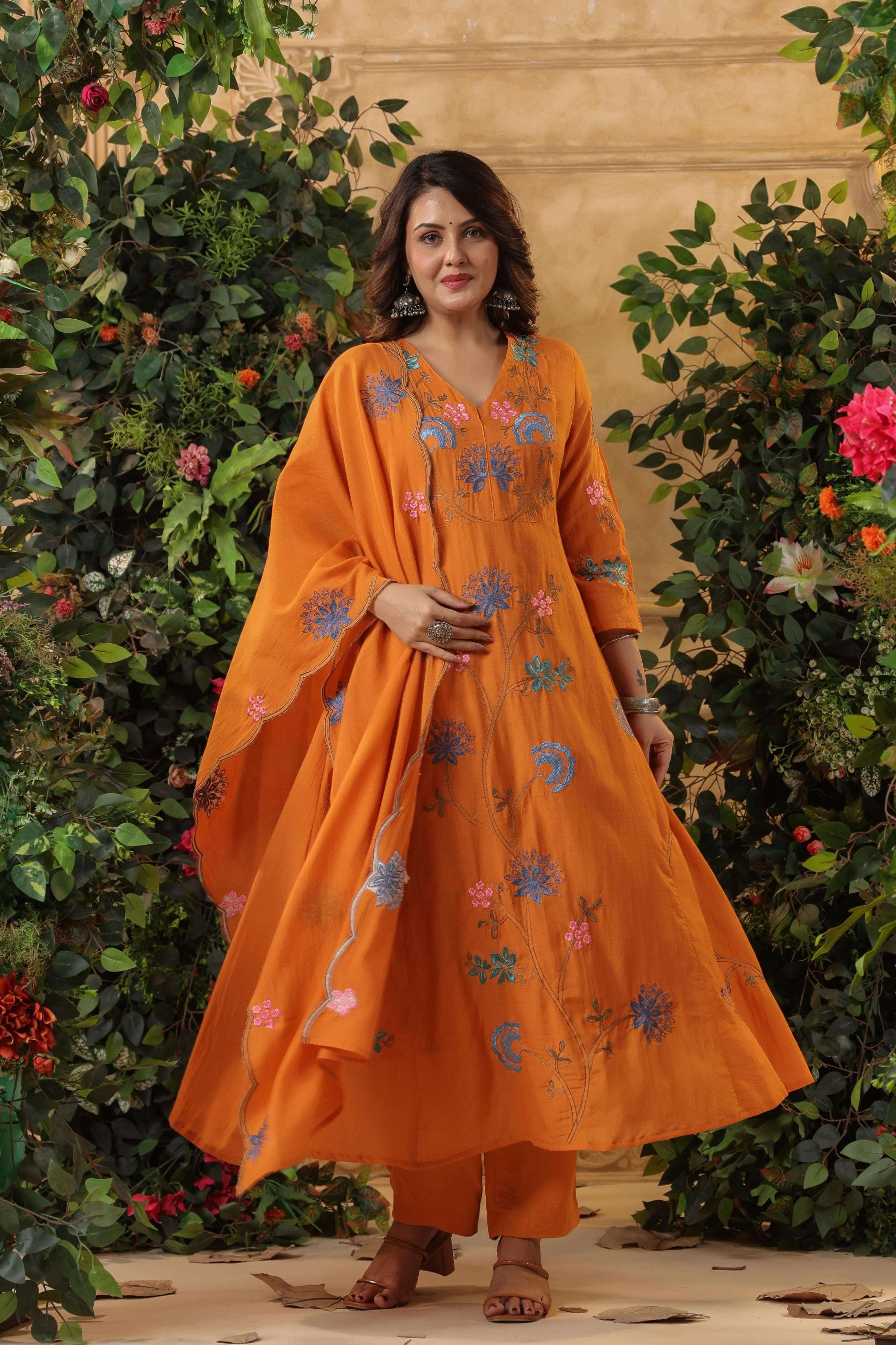 Elegant Orange Viscose Chanderi Embroidered Kurti Set with Dupatta (3-Piece Set)