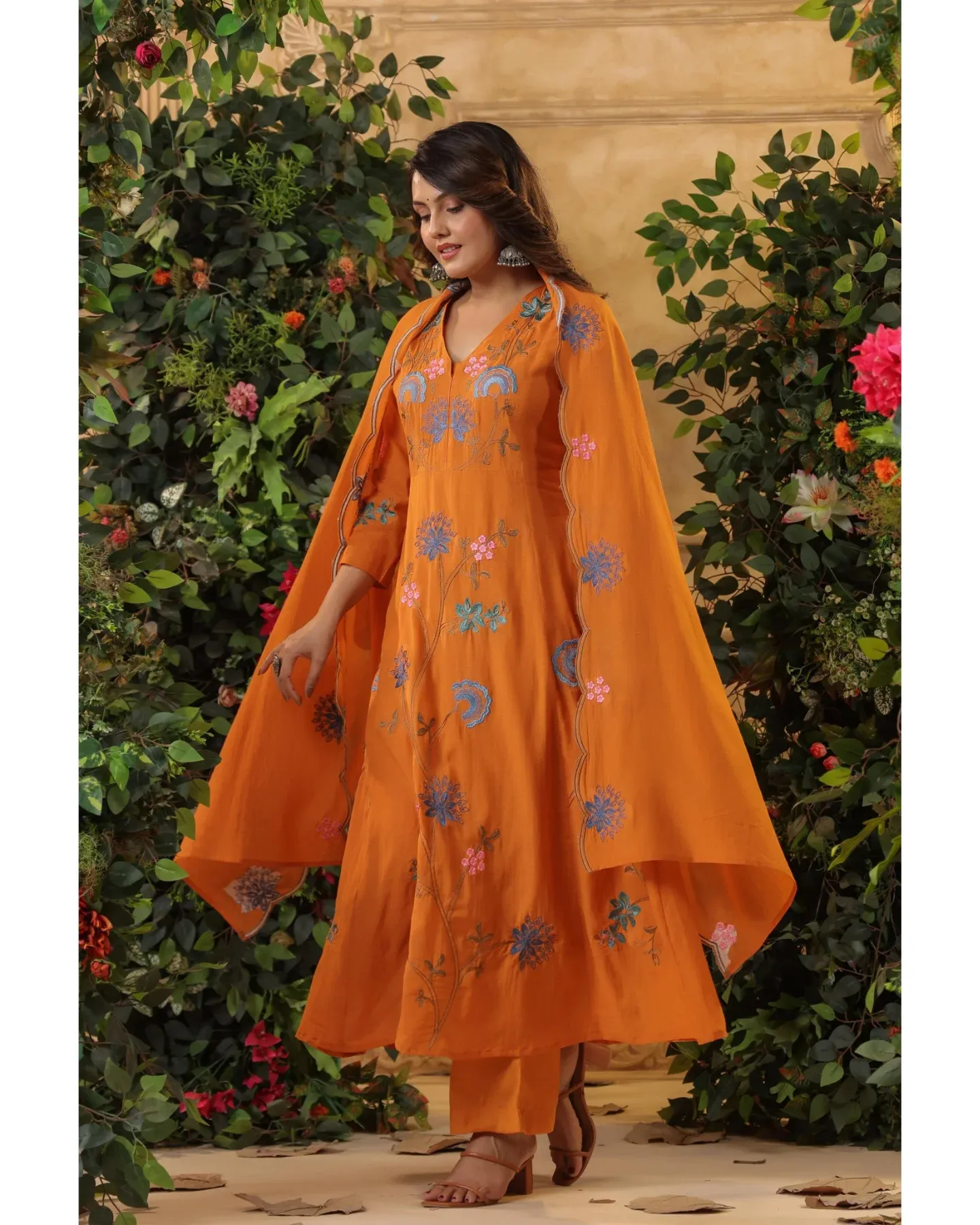 Elegant Orange Viscose Chanderi Embroidered Kurti Set with Dupatta (3-Piece Set)