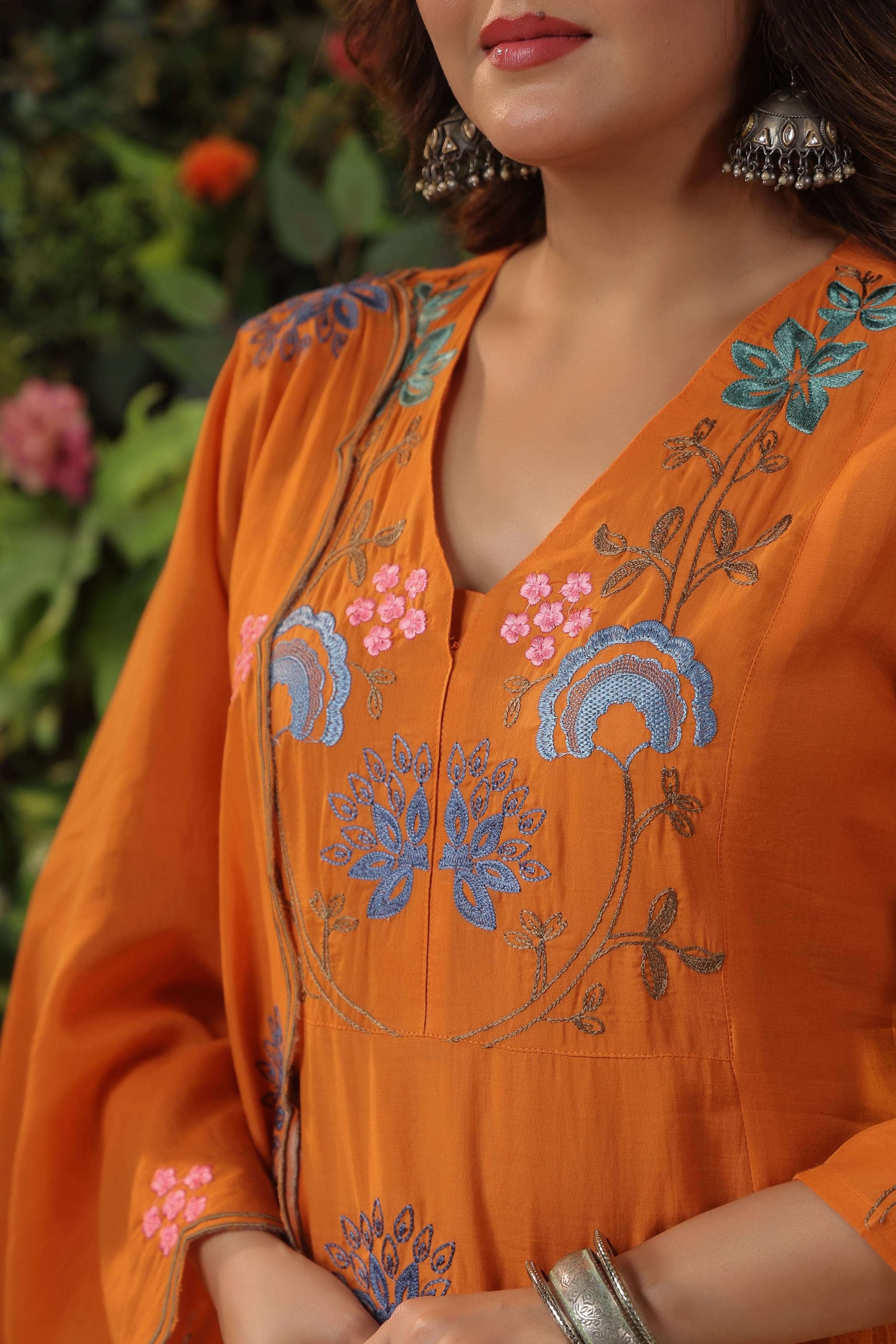 Elegant Orange Viscose Chanderi Embroidered Kurti Set with Dupatta (3-Piece Set)