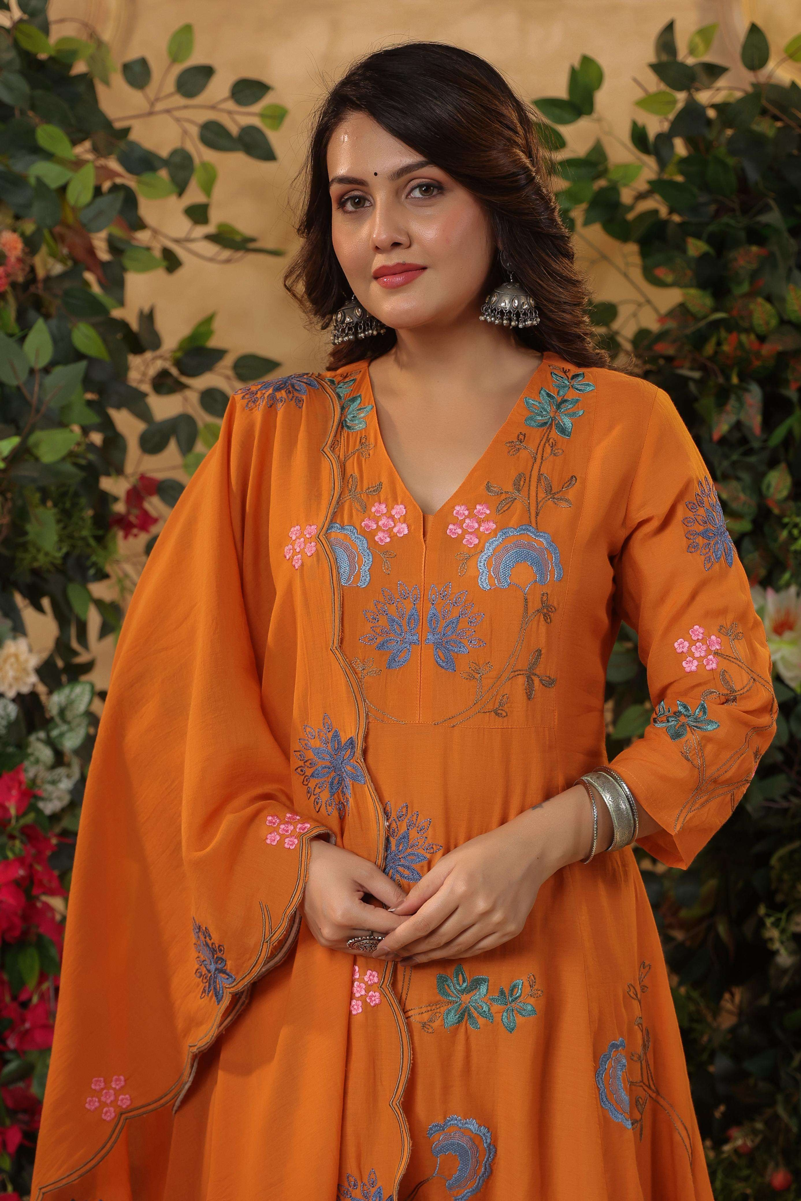 Elegant Orange Viscose Chanderi Embroidered Kurti Set with Dupatta (3-Piece Set)