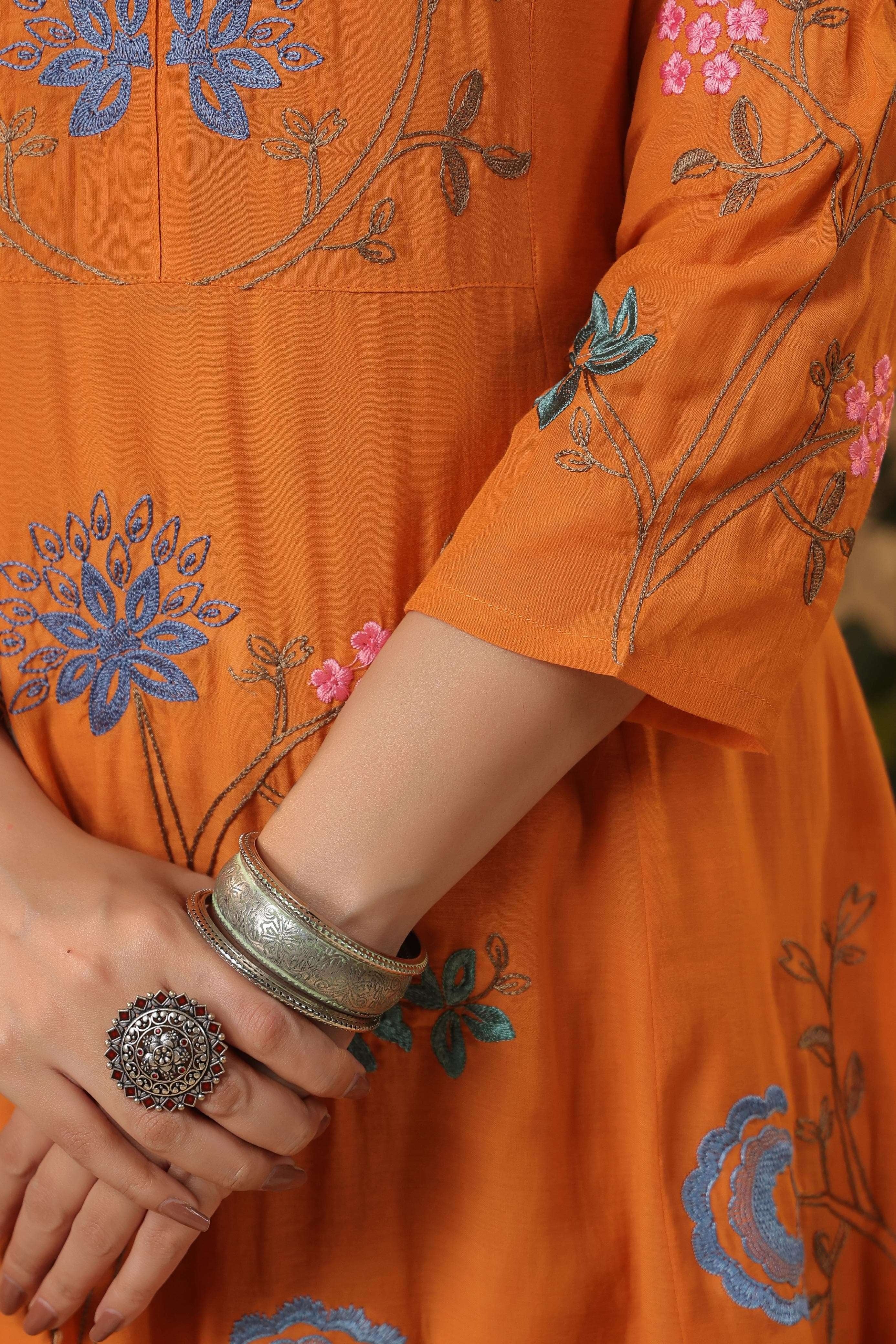 Elegant Orange Viscose Chanderi Embroidered Kurti Set with Dupatta (3-Piece Set)