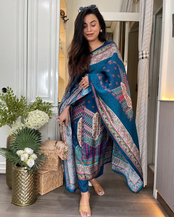 Elegant Teal Embroidered Rayon Kurti Set with Chanderi Pant & Designer Dupatta (3-Piece Set | S–XXL)