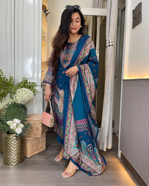 Elegant Teal Embroidered Rayon Kurti Set with Chanderi Pant & Designer Dupatta (3-Piece Set | S–XXL)