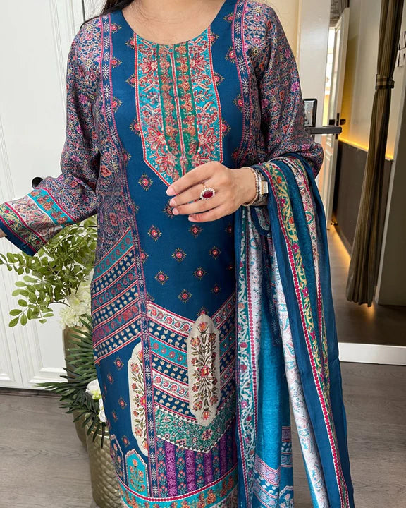 Elegant Teal Embroidered Rayon Kurti Set with Chanderi Pant & Designer Dupatta (3-Piece Set | S–XXL)