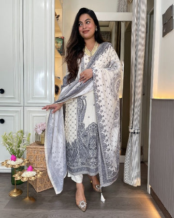 Elegant White Embroidered Rayon Kurti Set with Chanderi Pant & Designer Dupatta (S–XXL)