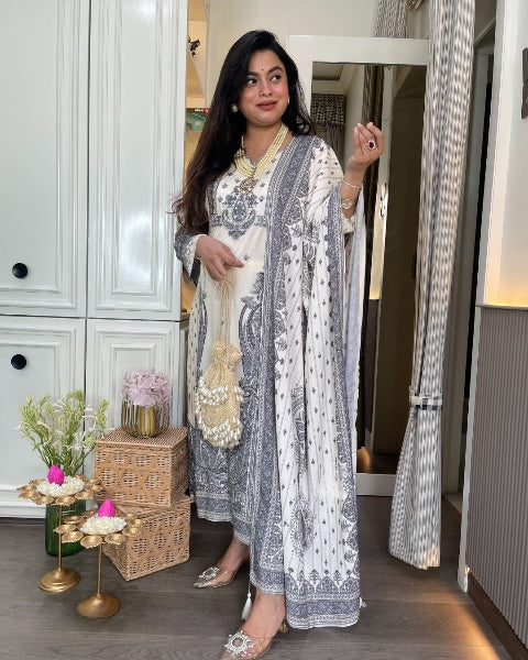 Elegant White Embroidered Rayon Kurti Set with Chanderi Pant & Designer Dupatta (S–XXL)