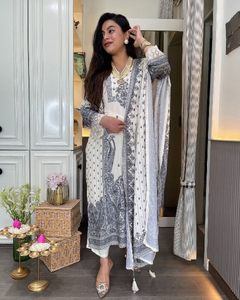 Elegant White Embroidered Rayon Kurti Set with Chanderi Pant & Designer Dupatta (S–XXL)