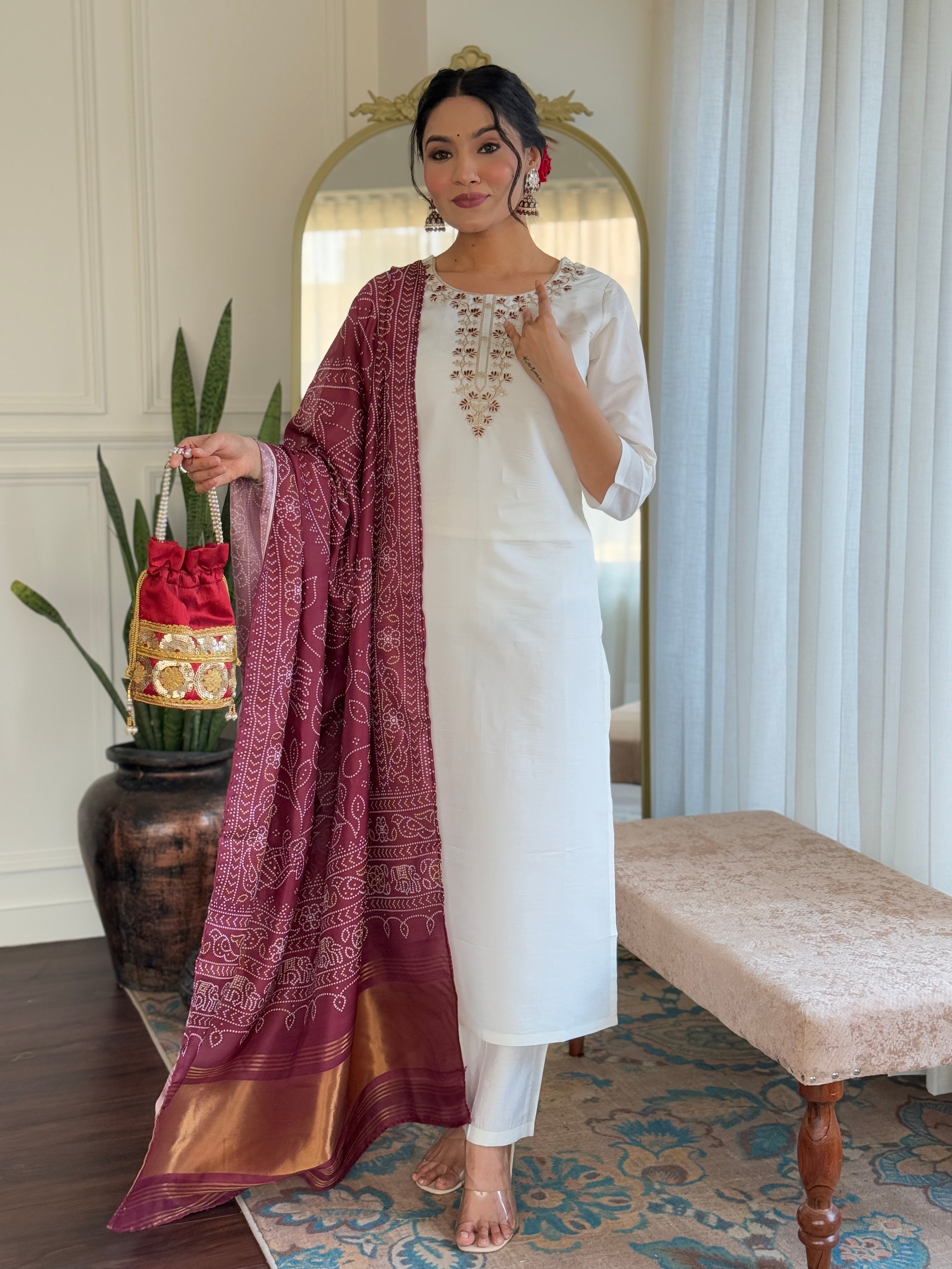 Elegant Off-White Roman Silk Kurti Set with Embroidered Neck & Maroon Silk Dupatta