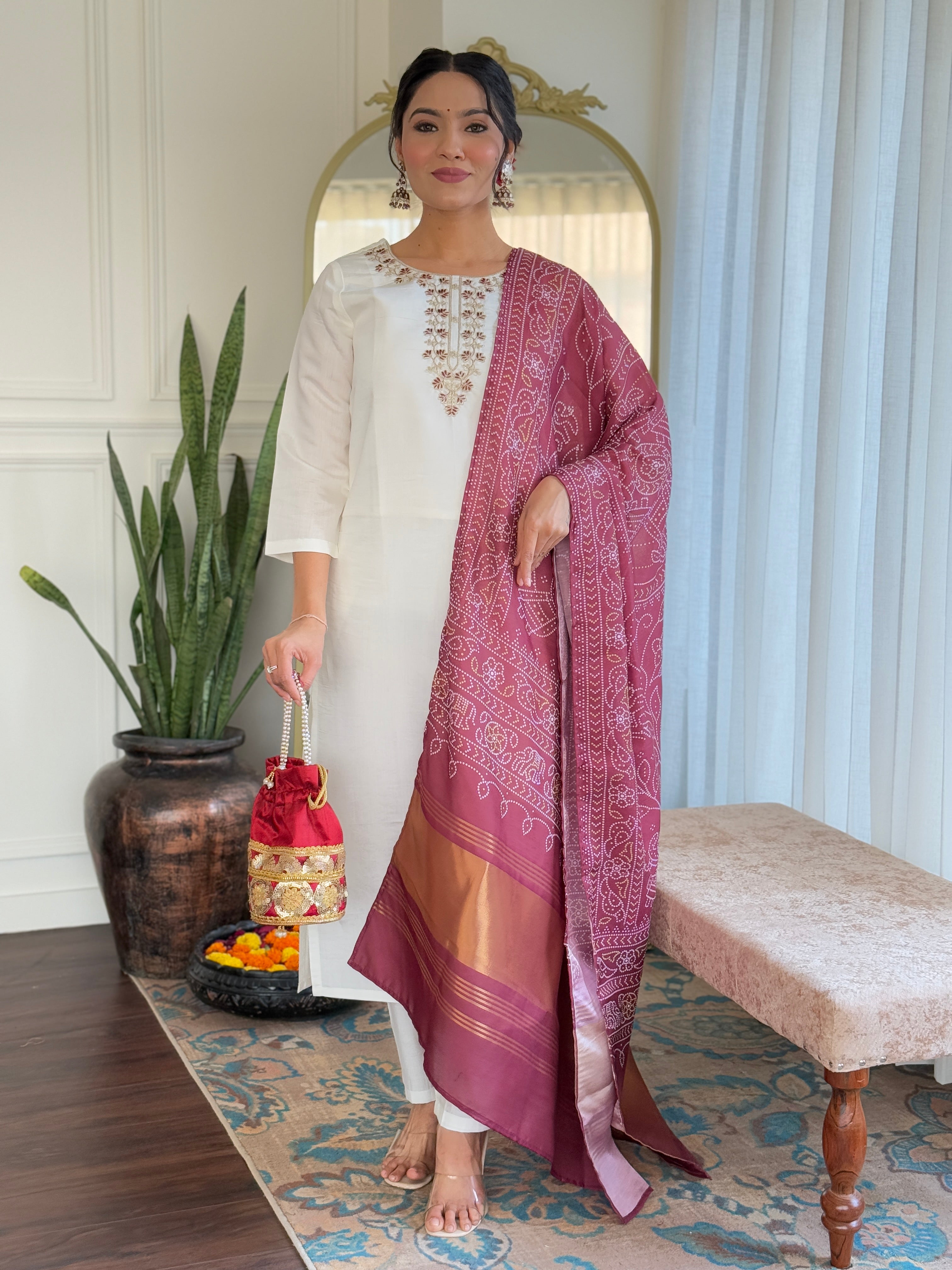 Elegant Off-White Roman Silk Kurti Set with Embroidered Neck & Maroon Silk Dupatta