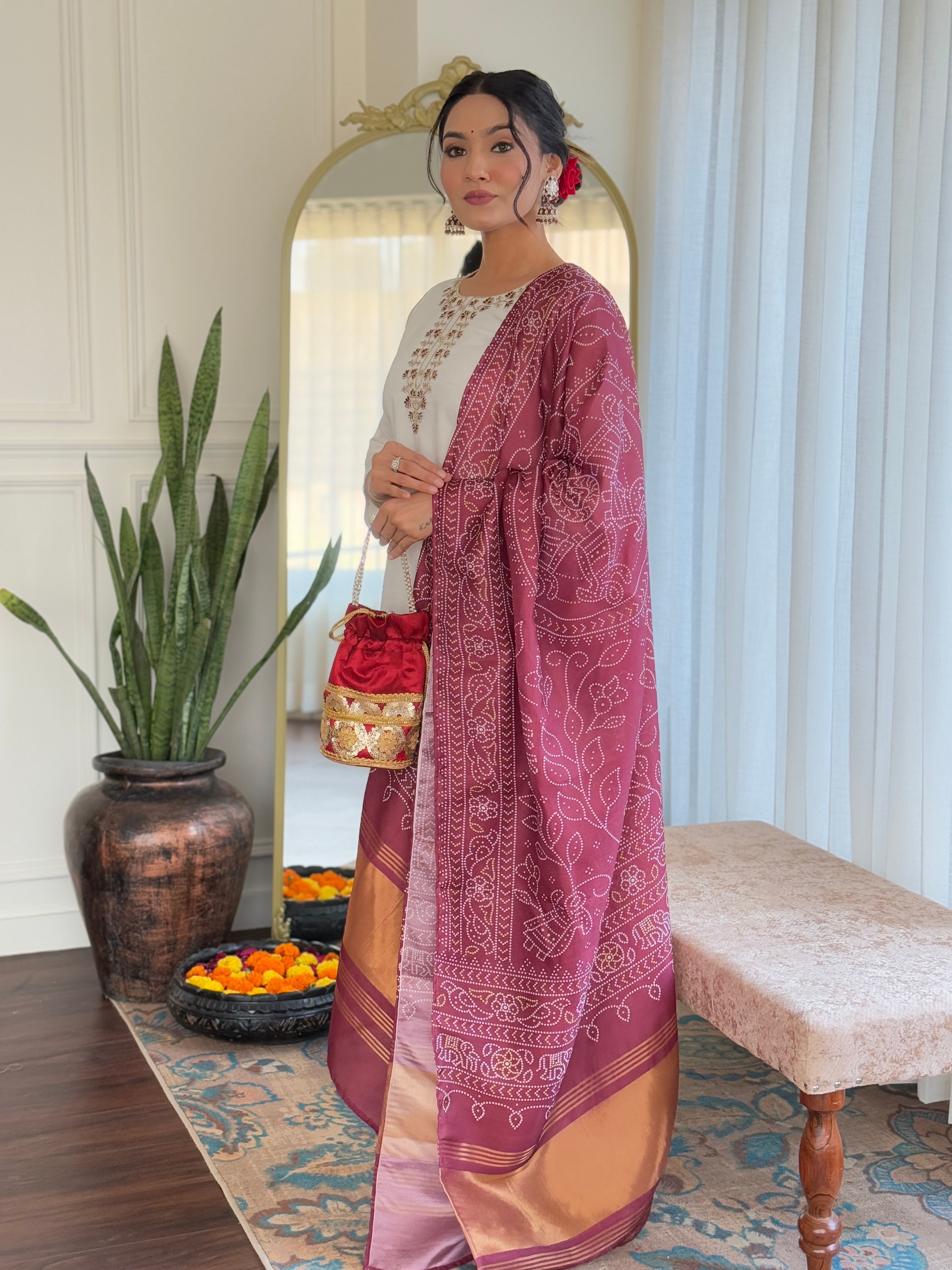 Elegant Off-White Roman Silk Kurti Set with Embroidered Neck & Maroon Silk Dupatta