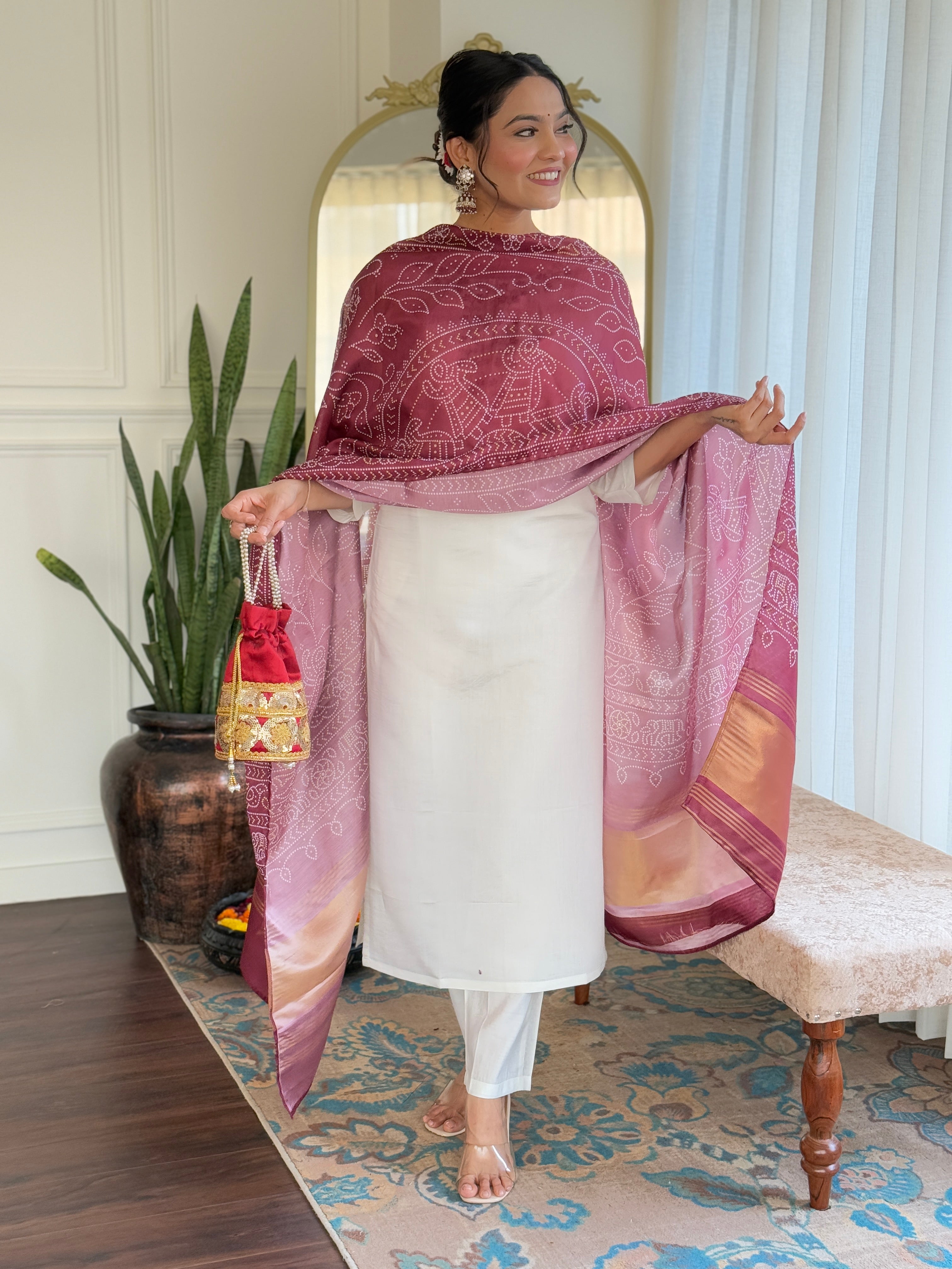 Elegant Off-White Roman Silk Kurti Set with Embroidered Neck & Maroon Silk Dupatta
