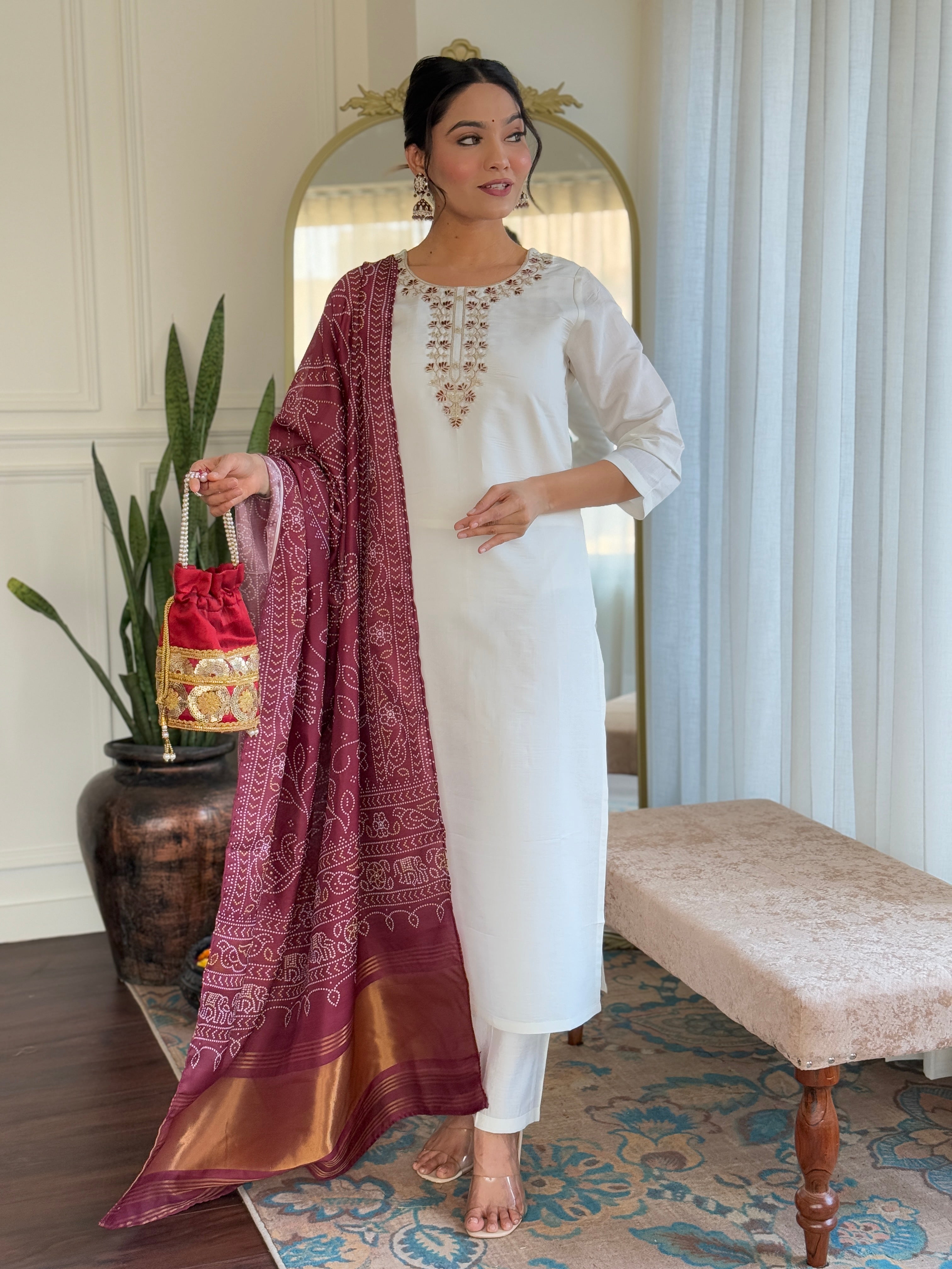 Elegant Off-White Roman Silk Kurti Set with Embroidered Neck & Maroon Silk Dupatta