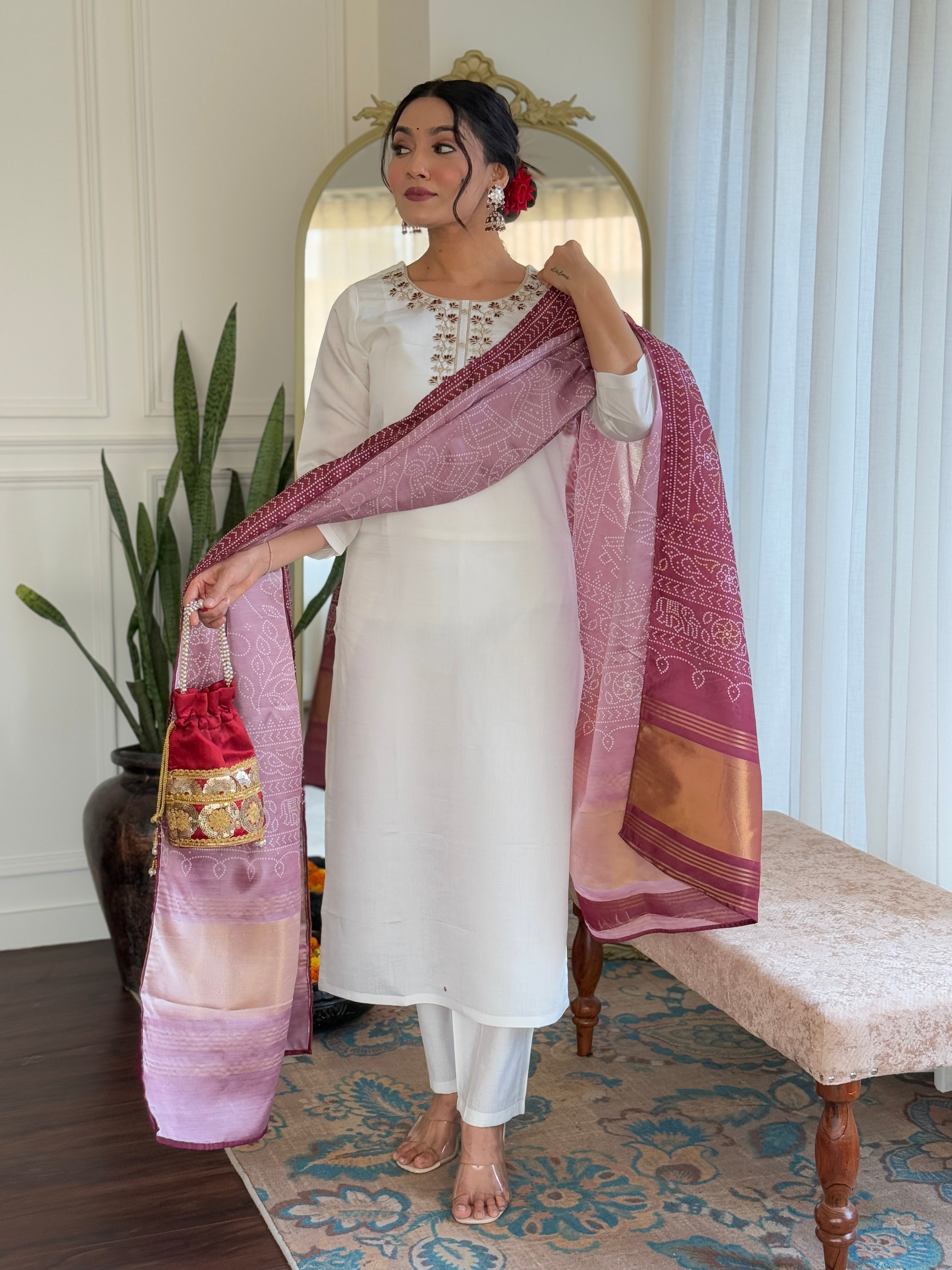 Elegant Off-White Roman Silk Kurti Set with Embroidered Neck & Maroon Silk Dupatta