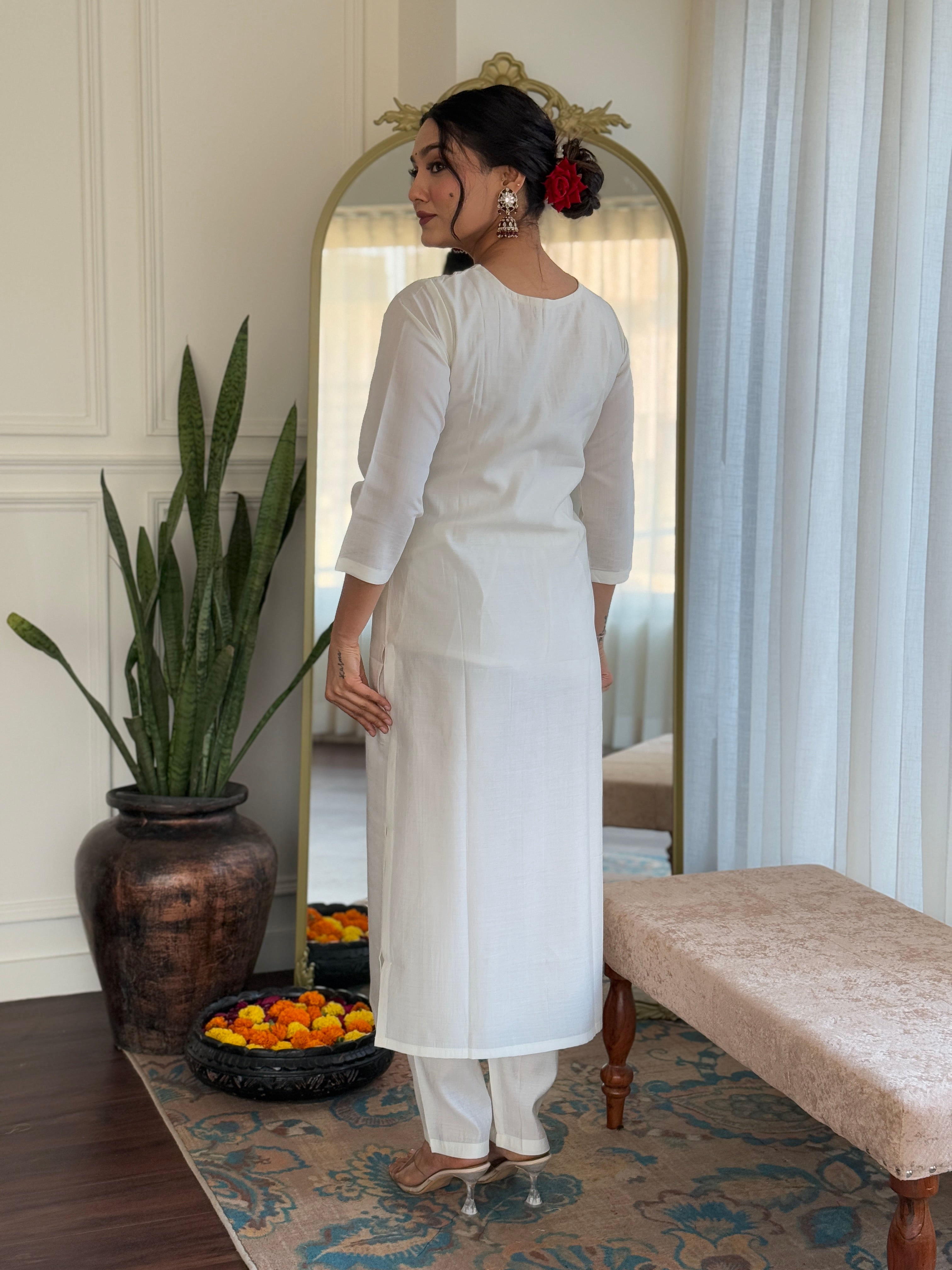 Elegant Off-White Roman Silk Kurti Set with Embroidered Neck & Maroon Silk Dupatta