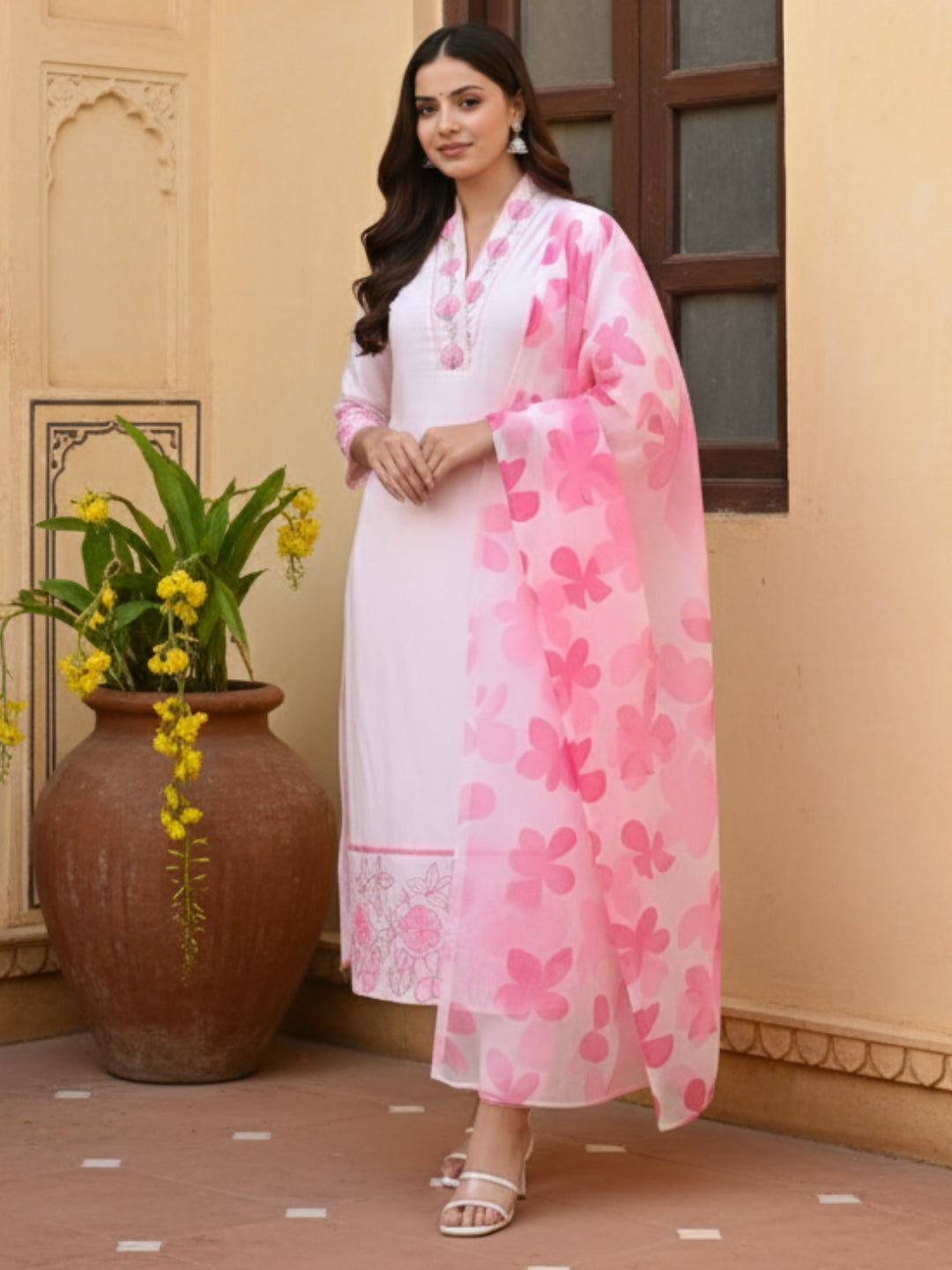 Elegant Pink Printed Chanderi Kurti Set with Silk Kota Dupatta – Festive & Daily Wear (S–XXL)