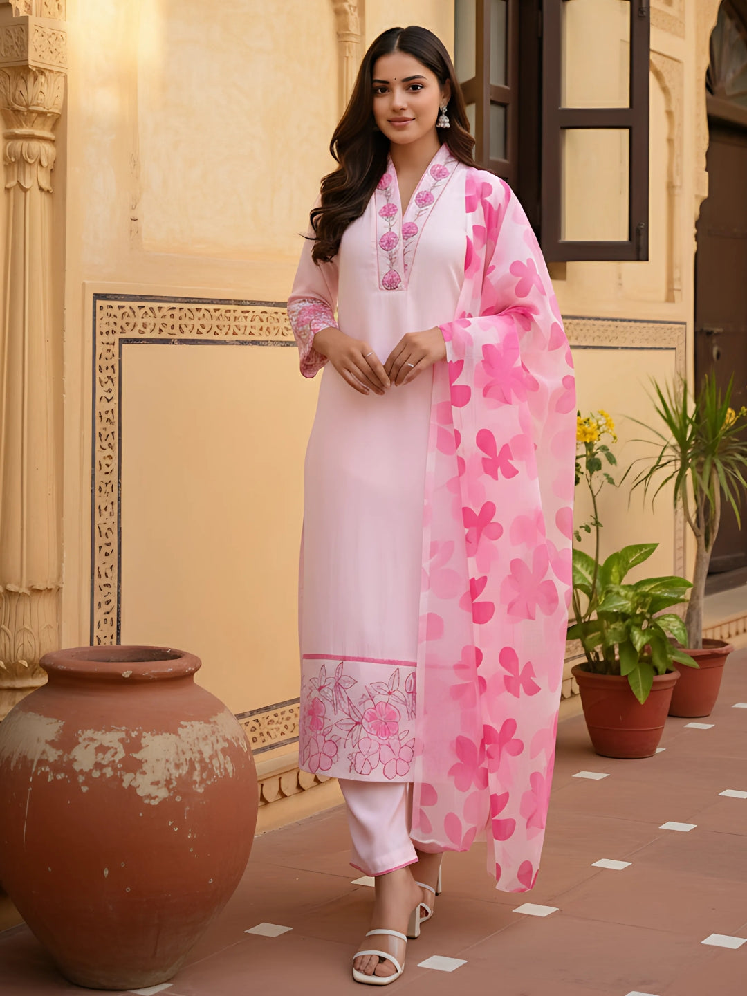Elegant Pink Printed Chanderi Kurti Set with Silk Kota Dupatta – Festive & Daily Wear (S–XXL)