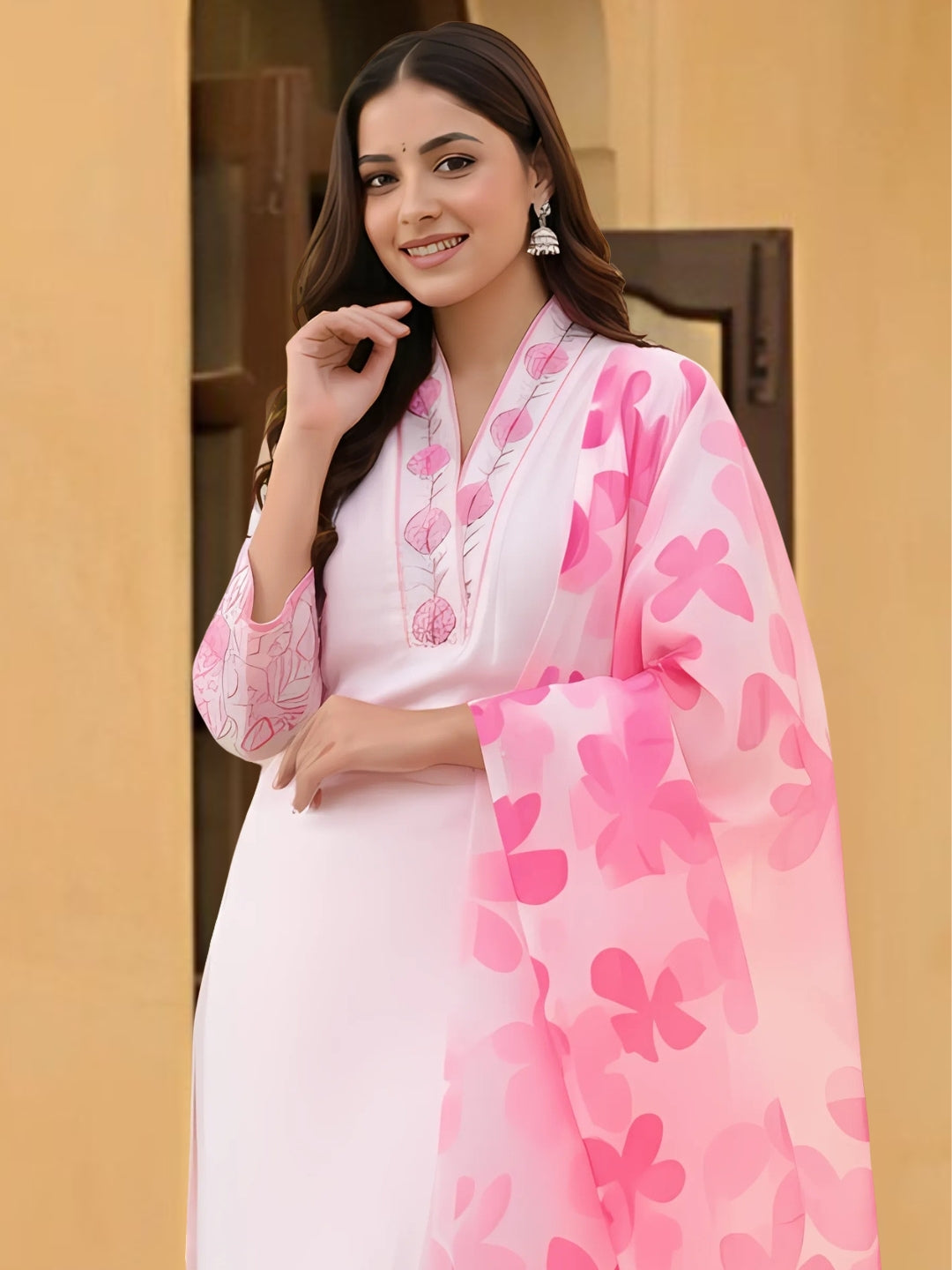 Elegant Pink Printed Chanderi Kurti Set with Silk Kota Dupatta – Festive & Daily Wear (S–XXL)